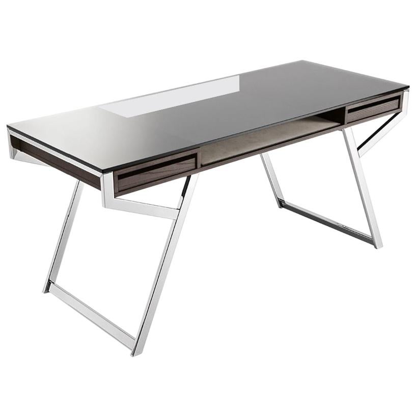 Lui Desk in Natural Ash with Steel Structure and Smoked Glass Top For Sale