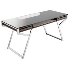 Lui Desk in Natural Ash with Steel Structure and Smoked Glass Top