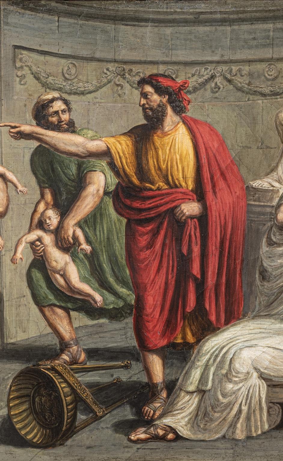 Oil painting on canvas ( 43 x 53.5 cm; with 59 x 70 cm with gilt wood frame), 
Title: King Amulius, in the presence of Rea Silvia, orders to kill Romulus and Remus as children
Ancient inscription on the frame: 