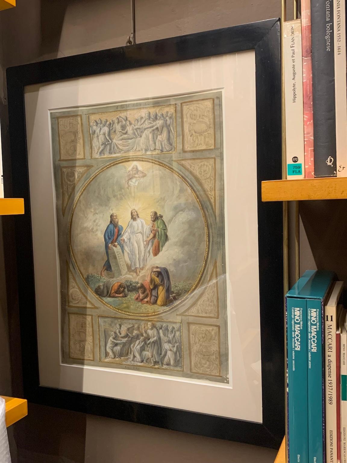 Medidas con marco: 87 x 69 cm
En este temple fechado entre la segunda y la tercera década del siglo XIX, encontramos un diseño iconográfico de carácter sacro del pintor neoclásico Luigi Ademollo. La temática se refiere a tres episodios del Antiguo y