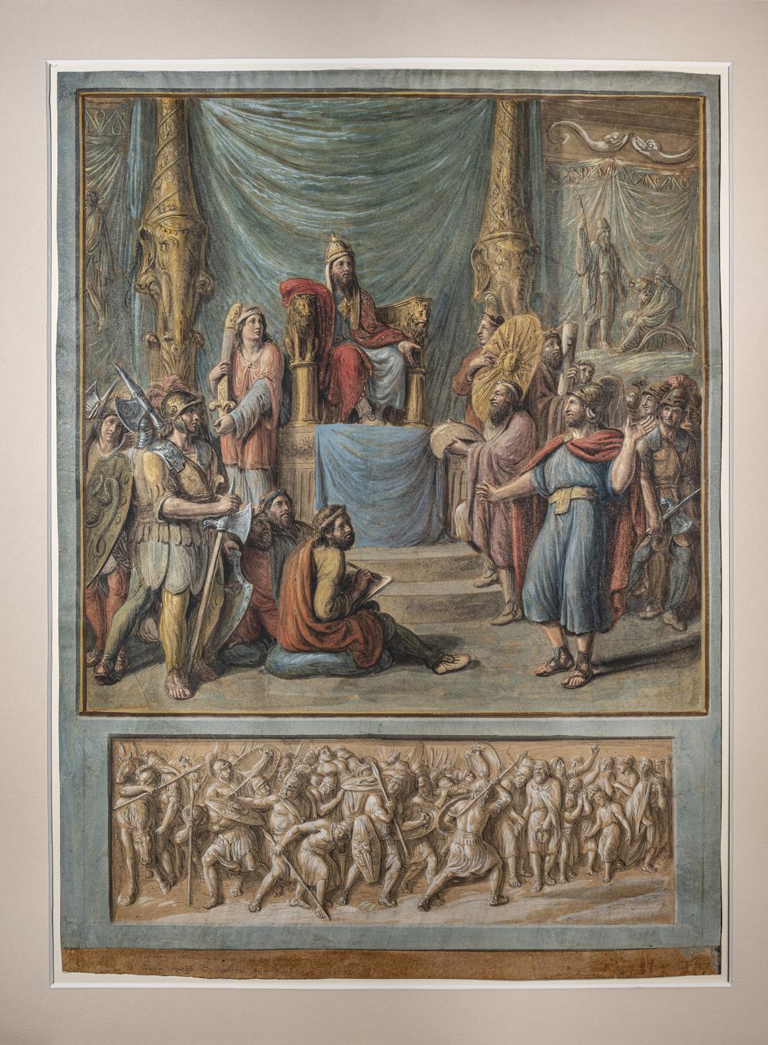 Measurements with frame: 87 x 69 cm
The Ademollian tempera, which can be dated roughly between the first and third decades of the 19th century, illustrates two episodes of war and morality extracted from the life of the leader of Boeotia, the Theban