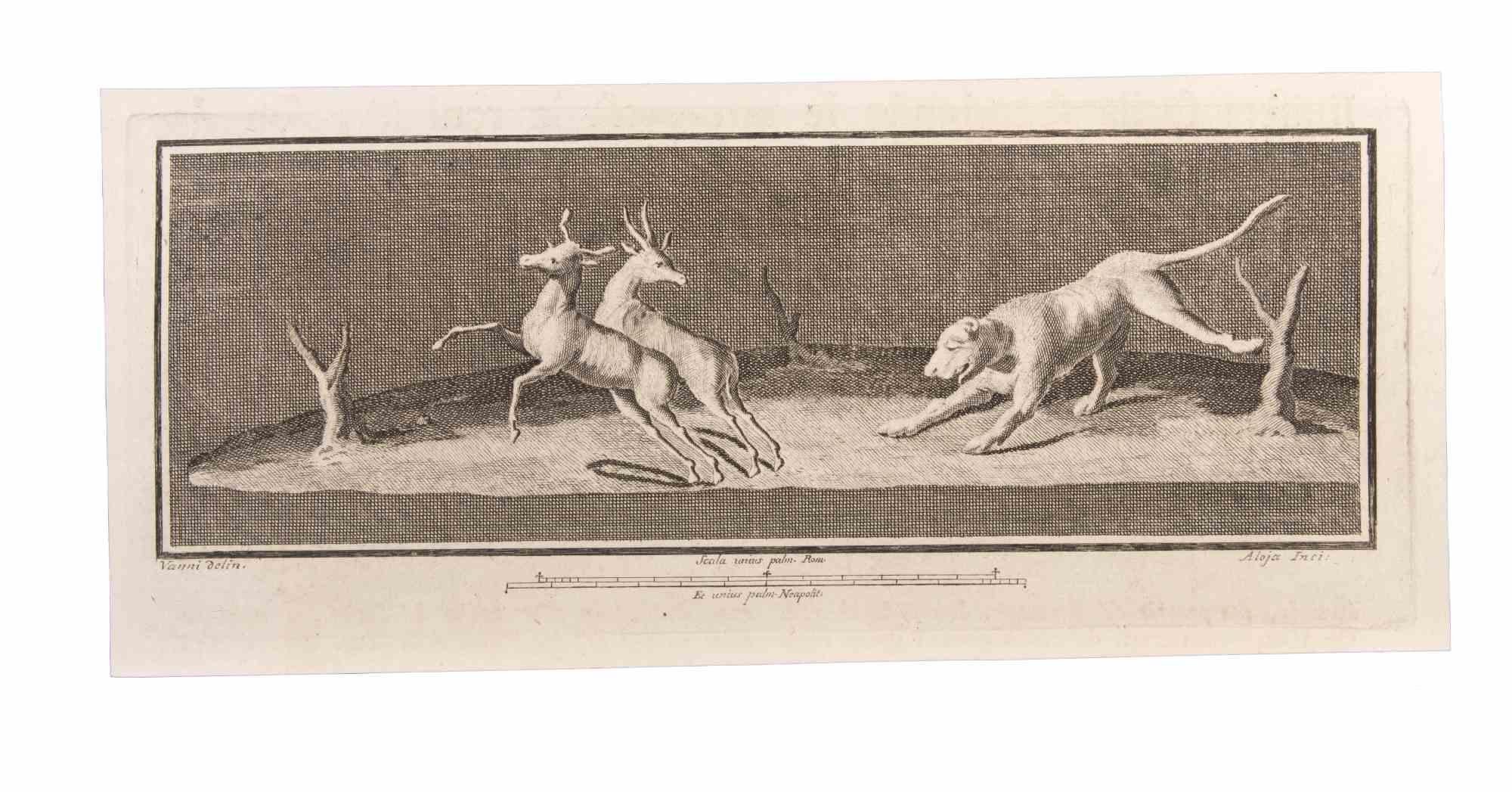 Decoration With Animals is an Etching realized by  Luigi Aloja (1783-1837).

The etching belongs to the print suite “Antiquities of Herculaneum Exposed” (original title: “Le Antichità di Ercolano Esposte”), an eight-volume volume of engravings of
