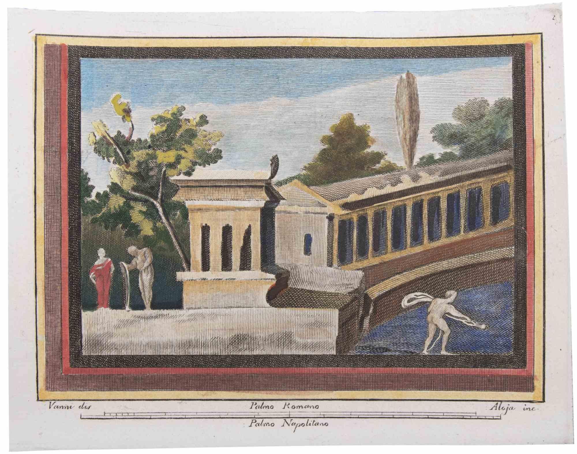 Das Fresko aus den "Altertümern von Herculaneum" ist eine Radierung auf Papier von Luigi Aloja aus dem 18. Jahrhundert.

Signiert auf der Platte.

Gute Bedingungen.

Die Radierung gehört zu der Druckserie "Antiquities of Herculaneum Exposed"