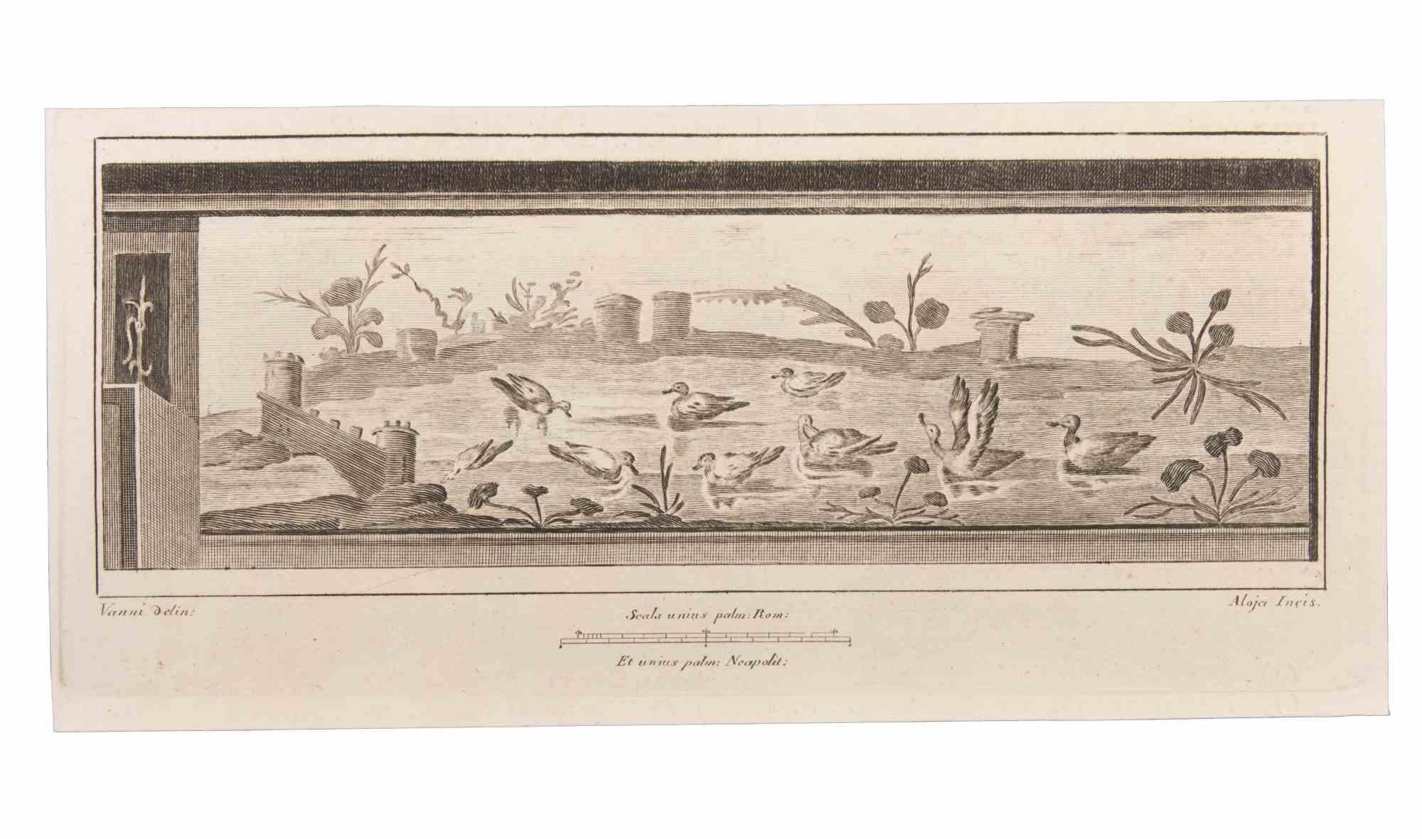 Landscape With Animals is an Etching realized by  Luigi Aloja (1783-1837).

The etching belongs to the print suite “Antiquities of Herculaneum Exposed” (original title: “Le Antichità di Ercolano Esposte”), an eight-volume volume of engravings of the