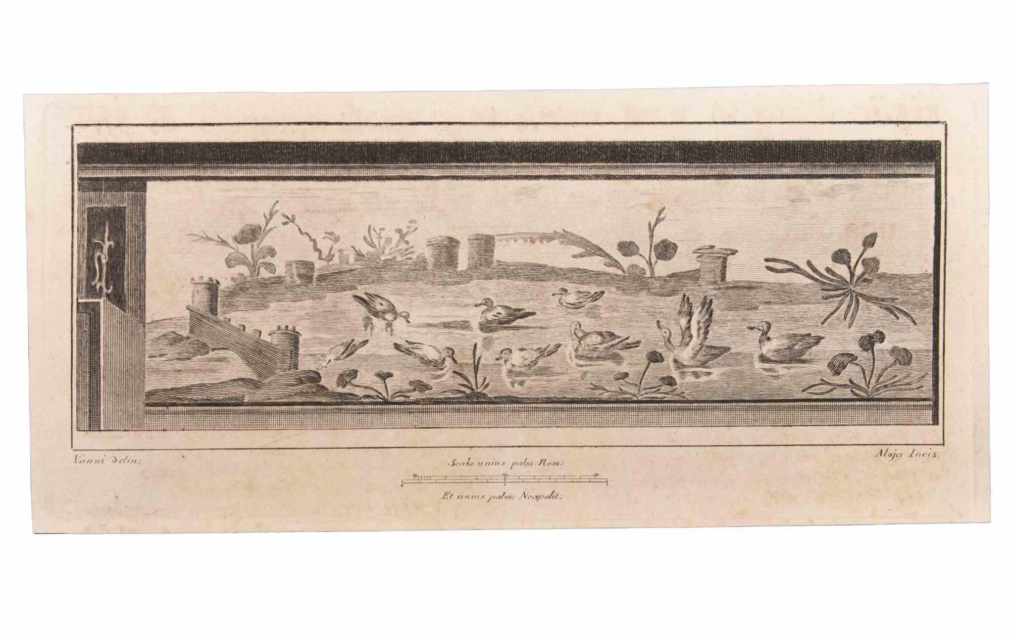 Landscape With Animals is an Etching realized by  Luigi Aloja (1783-1837).

The etching belongs to the print suite “Antiquities of Herculaneum Exposed” (original title: “Le Antichità di Ercolano Esposte”), an eight-volume volume of engravings of the