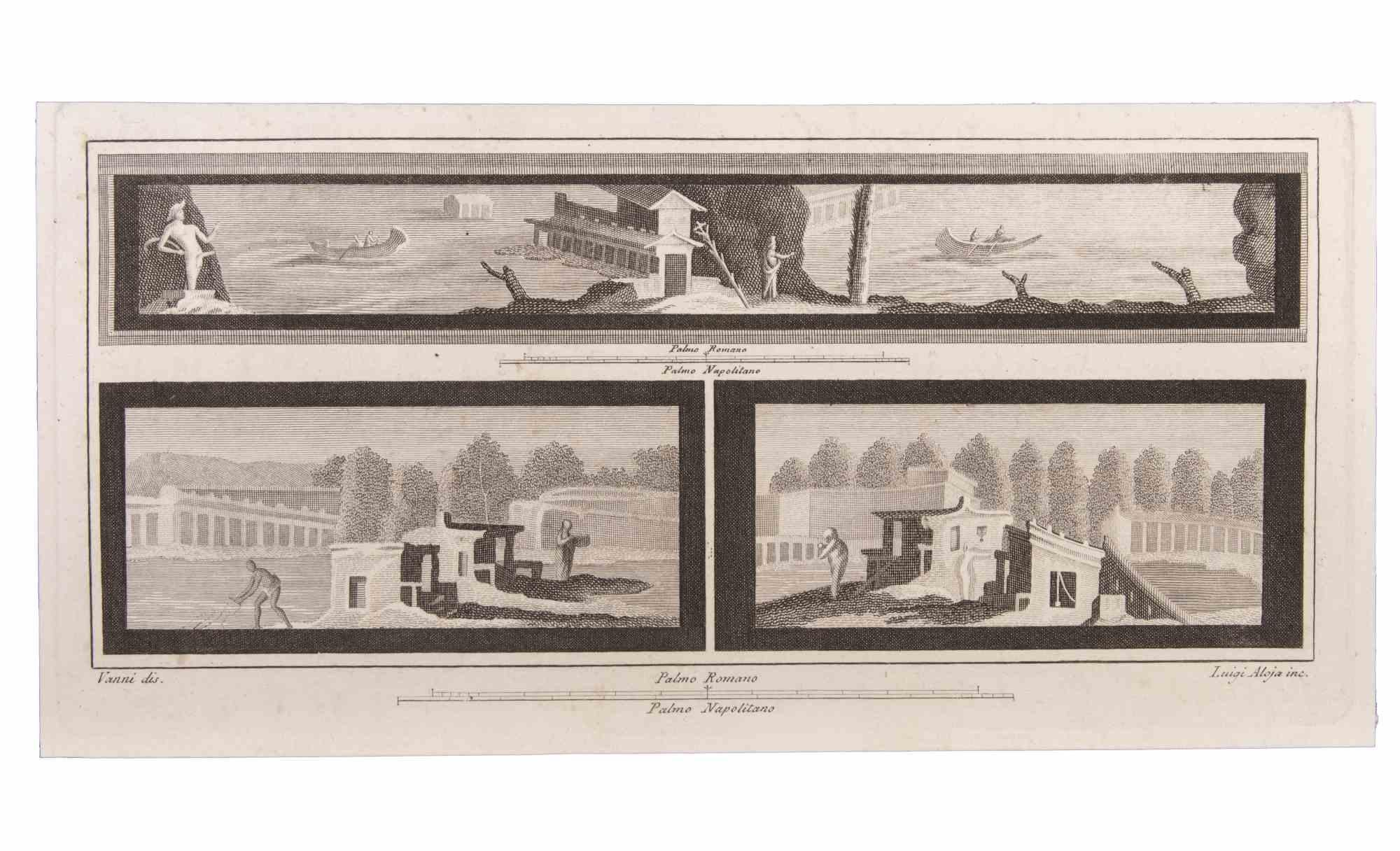 Landschaft mit Monumenten und Figuren ist eine Radierung realisiert von  Luigi Aloja (1783-1837).

Die Radierung gehört zu der Druckserie "Antiquities of Herculaneum Exposed" (Originaltitel: "Le Antichità di Ercolano Esposte"), einem achtbändigen