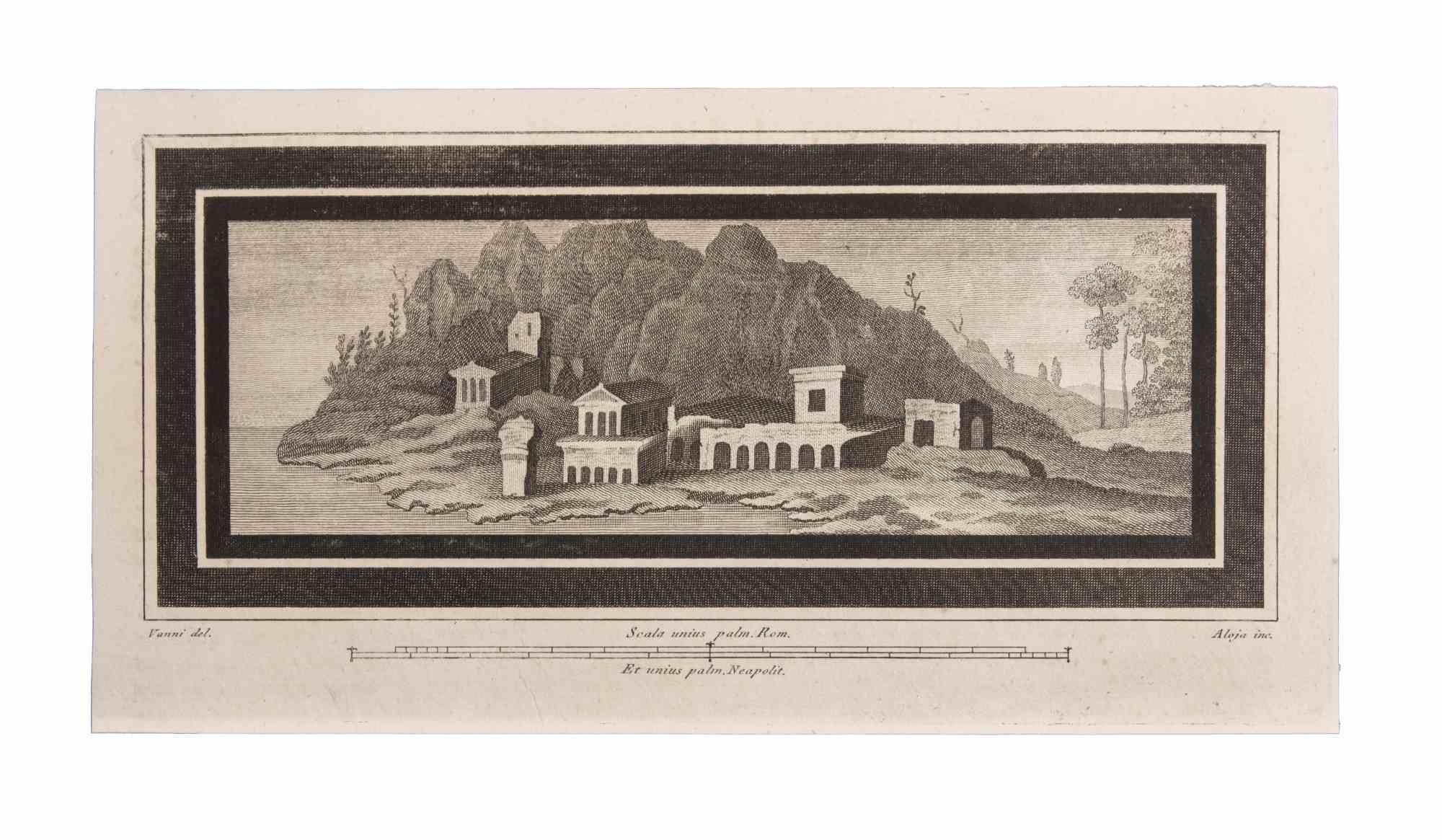Paisajes Con Monumentos es un Aguafuerte realizado por  Luigi Aloja (1783-1837).

El grabado pertenece al conjunto de grabados "Antigüedades de Herculano al descubierto" (título original: "Le Antichità di Ercolano Esposte"), un volumen de ocho