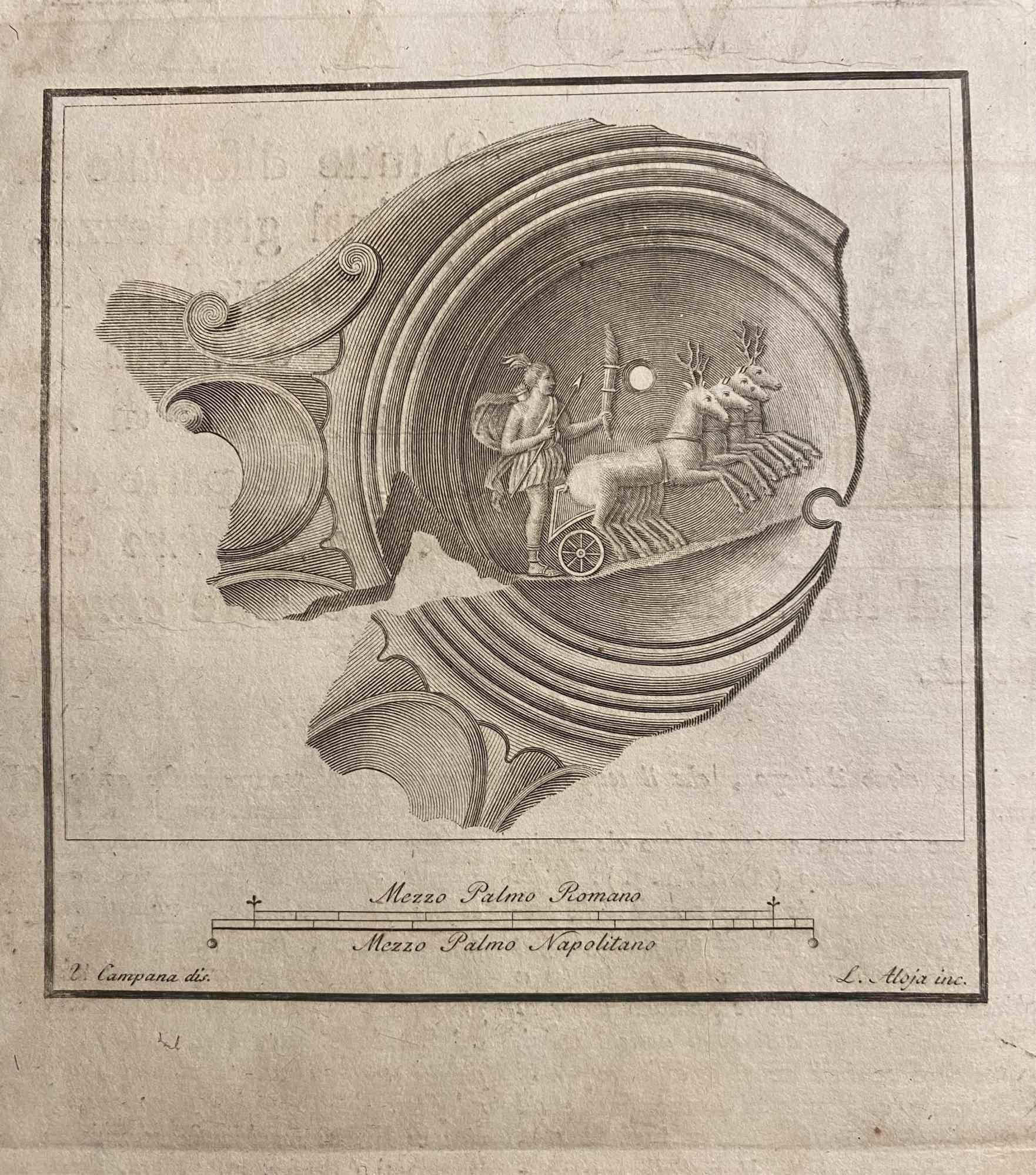 Mars dans son char des "Antiquités d'Herculanum" est une gravure sur papier réalisée par Luigi Aloja au 18e siècle.

Signé sur la plaque.

Bon état avec quelques pliages et des rousseurs.

La gravure appartient à la suite d'estampes "Antiquités