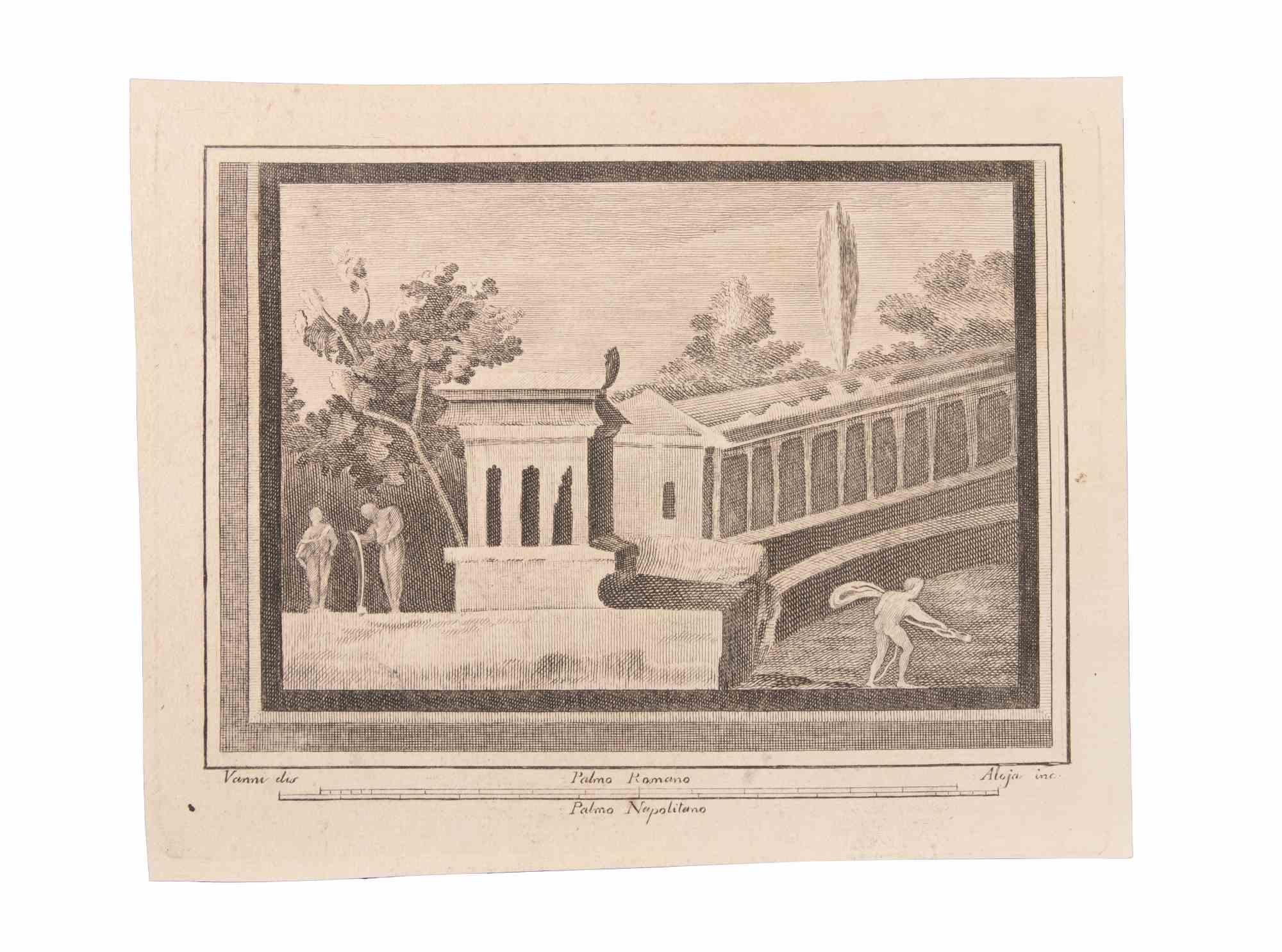 Monumento con Figura es un Aguafuerte realizado por  Luigi Aloja (1783-1837).

El grabado pertenece al conjunto de grabados "Antigüedades de Herculano al descubierto" (título original: "Le Antichità di Ercolano Esposte"), un volumen de ocho