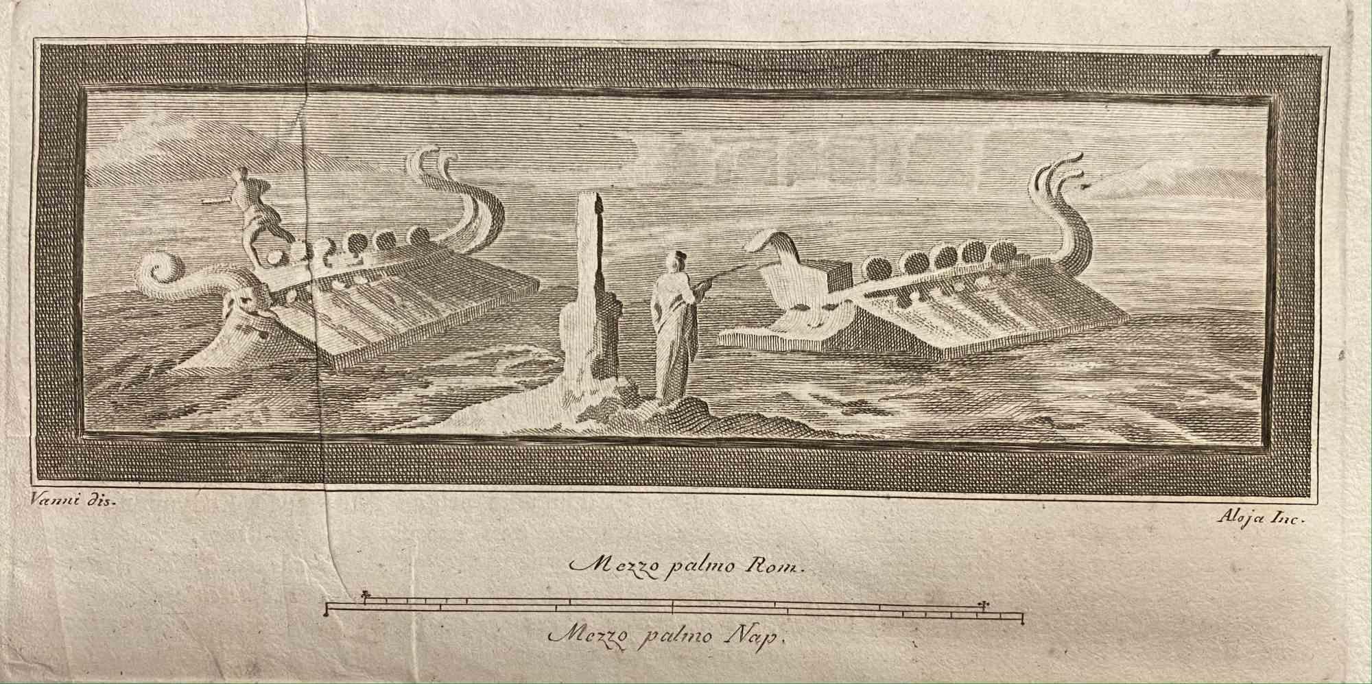 Fresque de paysage marin romain tirée des "Antiquités d'Herculanum" est une gravure sur papier réalisée par Luigi Aloja au 18e siècle.

Signé sur la plaque.

Bon état avec quelques pliures.

La gravure appartient à la suite d'estampes "Antiquités
