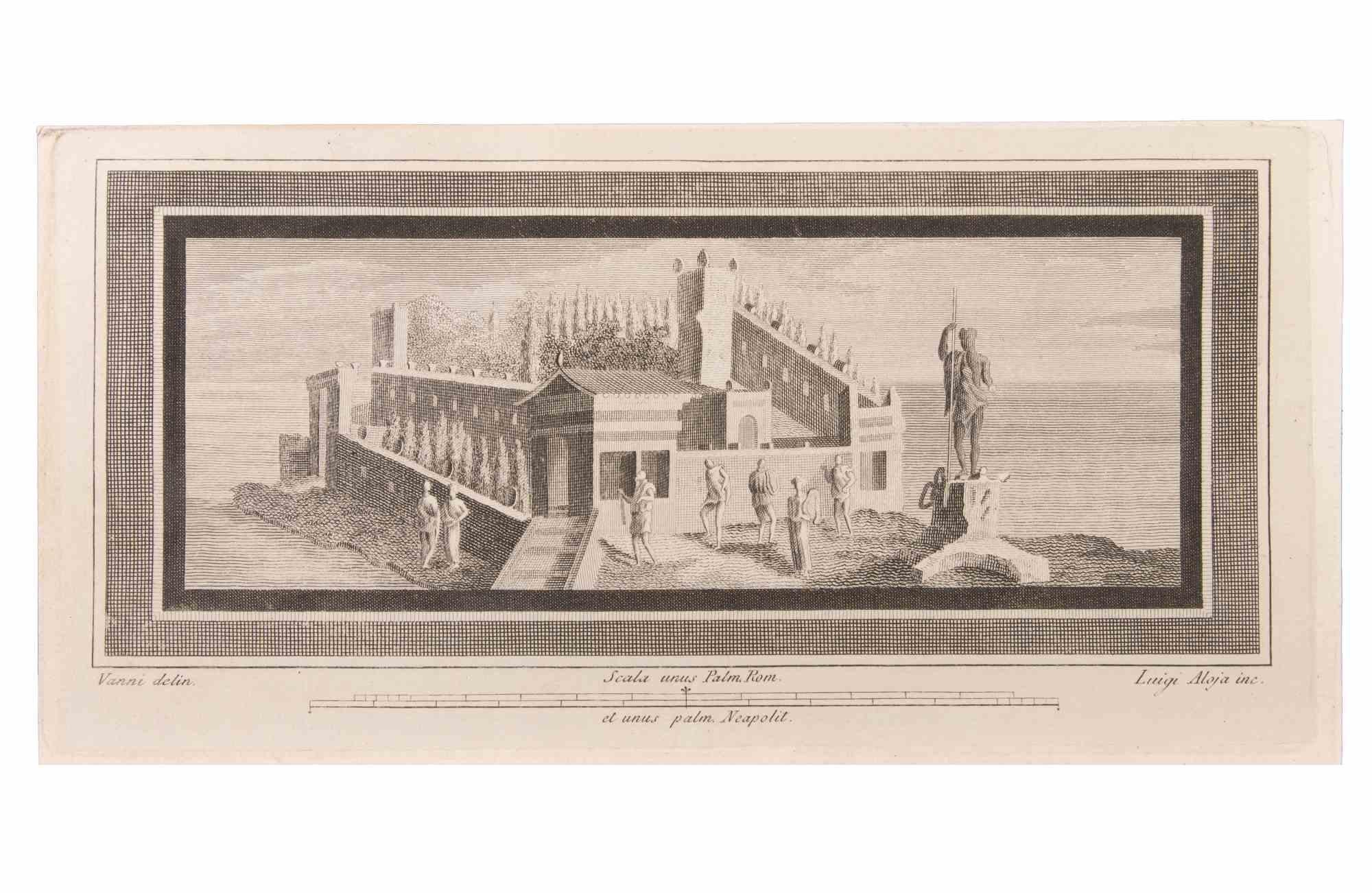 Paisaje marino con monumento y figuras es un Aguafuerte realizado por  Luigi Aloja (1783-1837).

El grabado pertenece al conjunto de grabados "Antigüedades de Herculano al descubierto" (título original: "Le Antichità di Ercolano Esposte"), un
