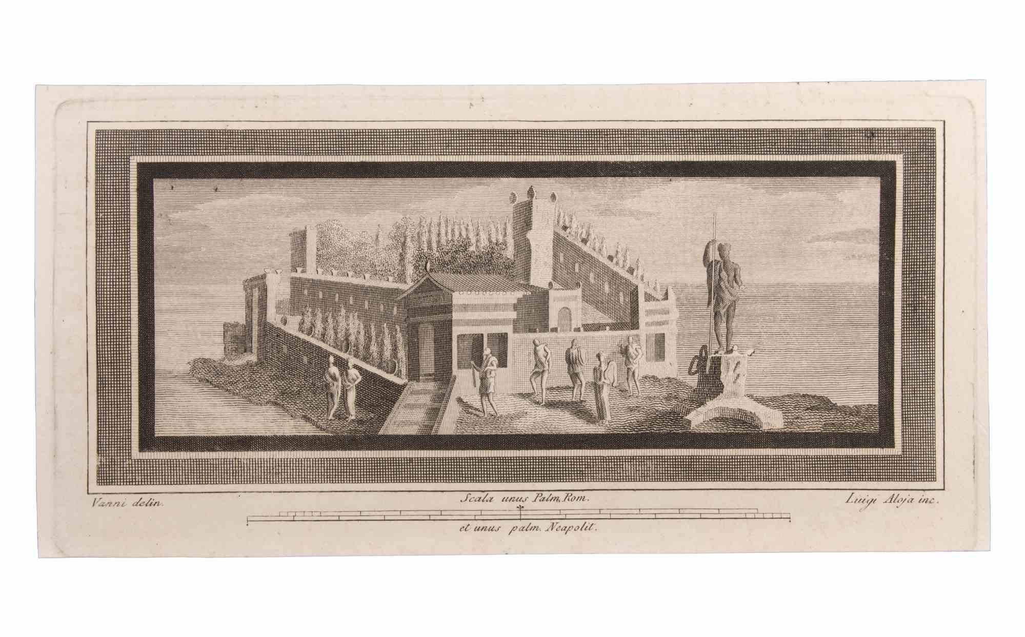 Paisajes marinos con monumento y figuras es un Aguafuerte realizado por  Luigi Aloja (1783-1837).

El grabado pertenece al conjunto de grabados "Antigüedades de Herculano al descubierto" (título original: "Le Antichità di Ercolano Esposte"), un
