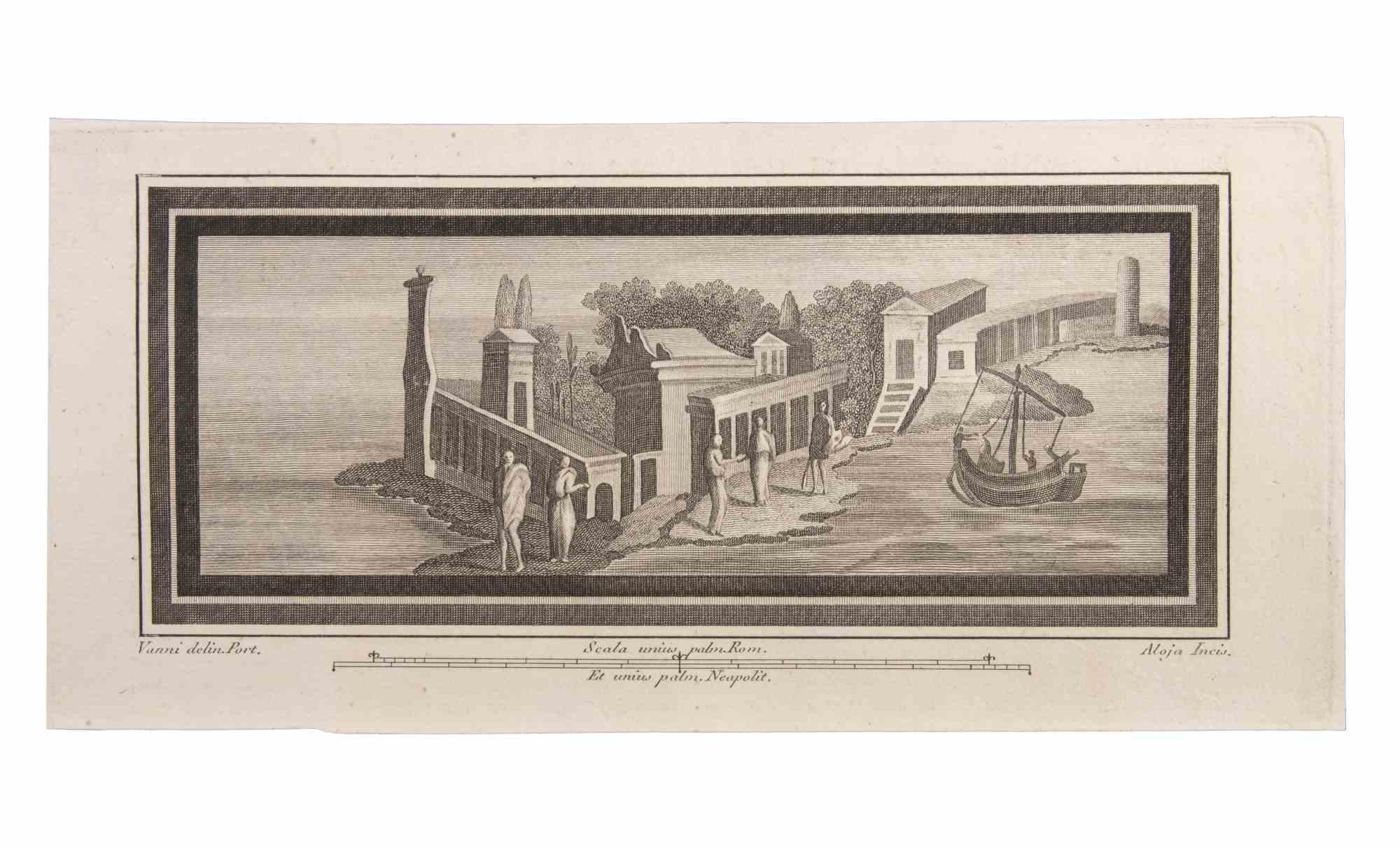 Seascapes With Monuments and Figures is an Etching realized by  Luigi Aloja (1783-1837).

The etching belongs to the print suite “Antiquities of Herculaneum Exposed” (original title: “Le Antichità di Ercolano Esposte”), an eight-volume volume of