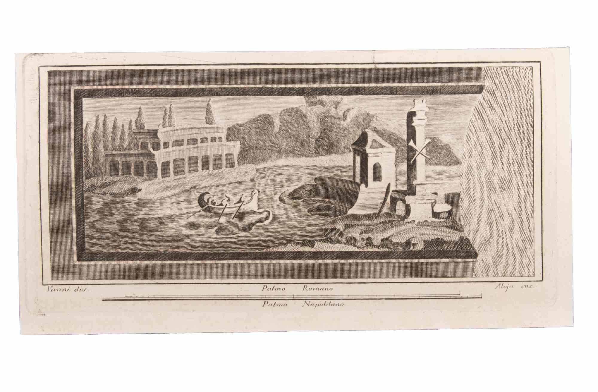 Seascape with Monument and Figures - Etching by Luigi Aloja - 18th Century