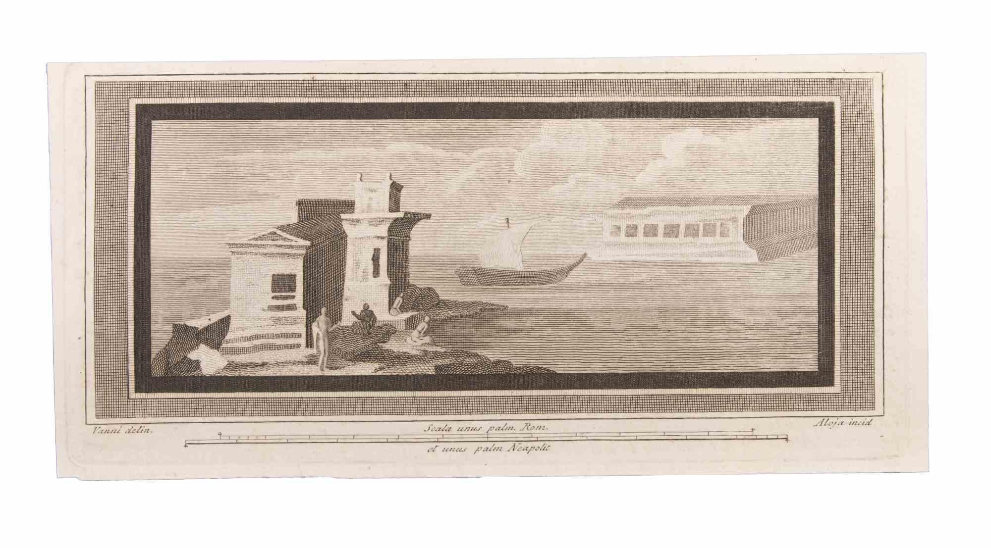 Seascape With Monument and Figures is an Etching realized by Luigi Aloja (1783-1837).

The etching belongs to the print suite “Antiquities of Herculaneum Exposed” (original title: “Le Antichità di Ercolano Esposte”), an eight-volume volume of