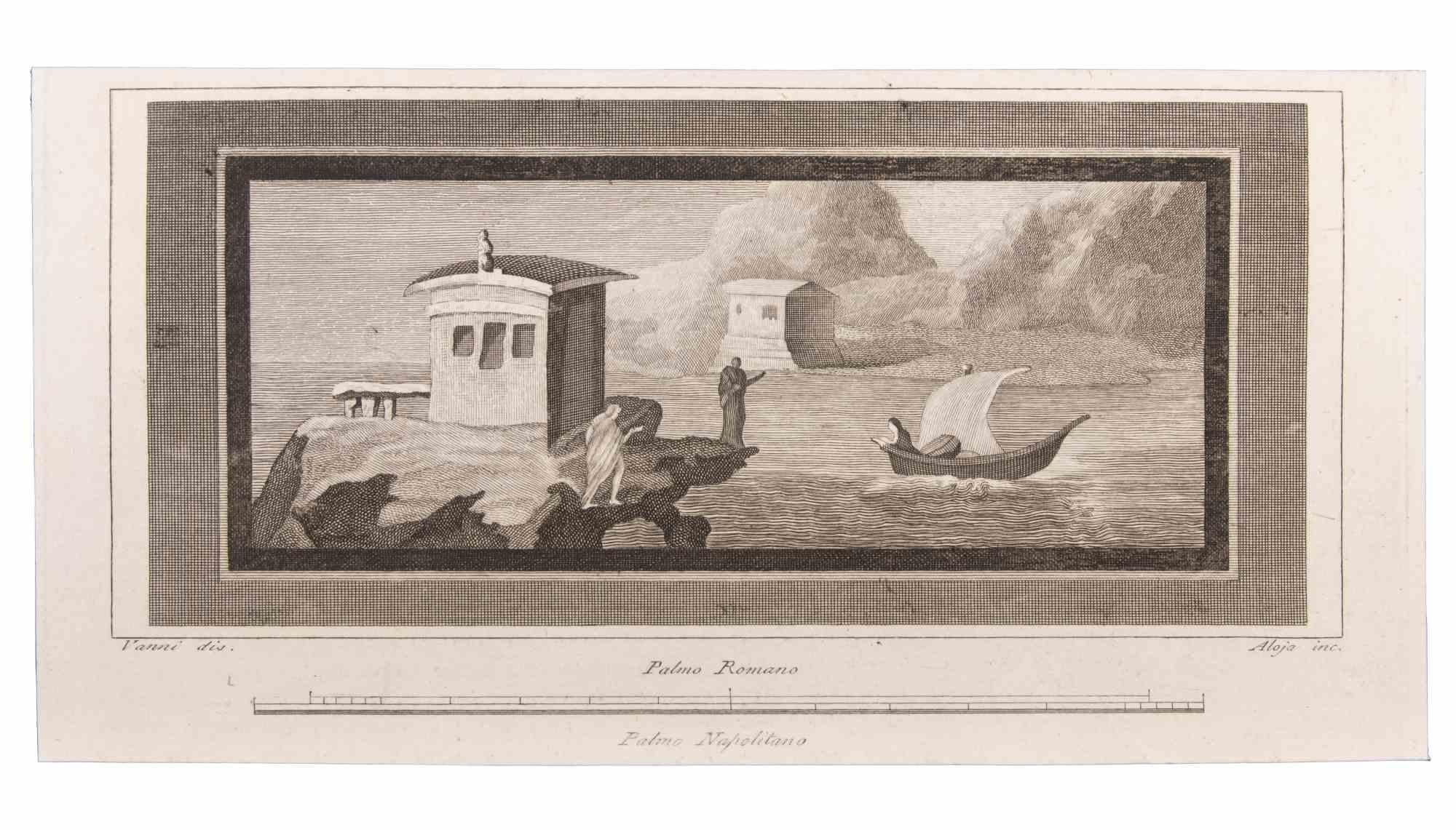 Seascape With Monument and Figures is an Etching realized by  Luigi Aloja (1783-1837).

The etching belongs to the print suite “Antiquities of Herculaneum Exposed” (original title: “Le Antichità di Ercolano Esposte”), an eight-volume volume of