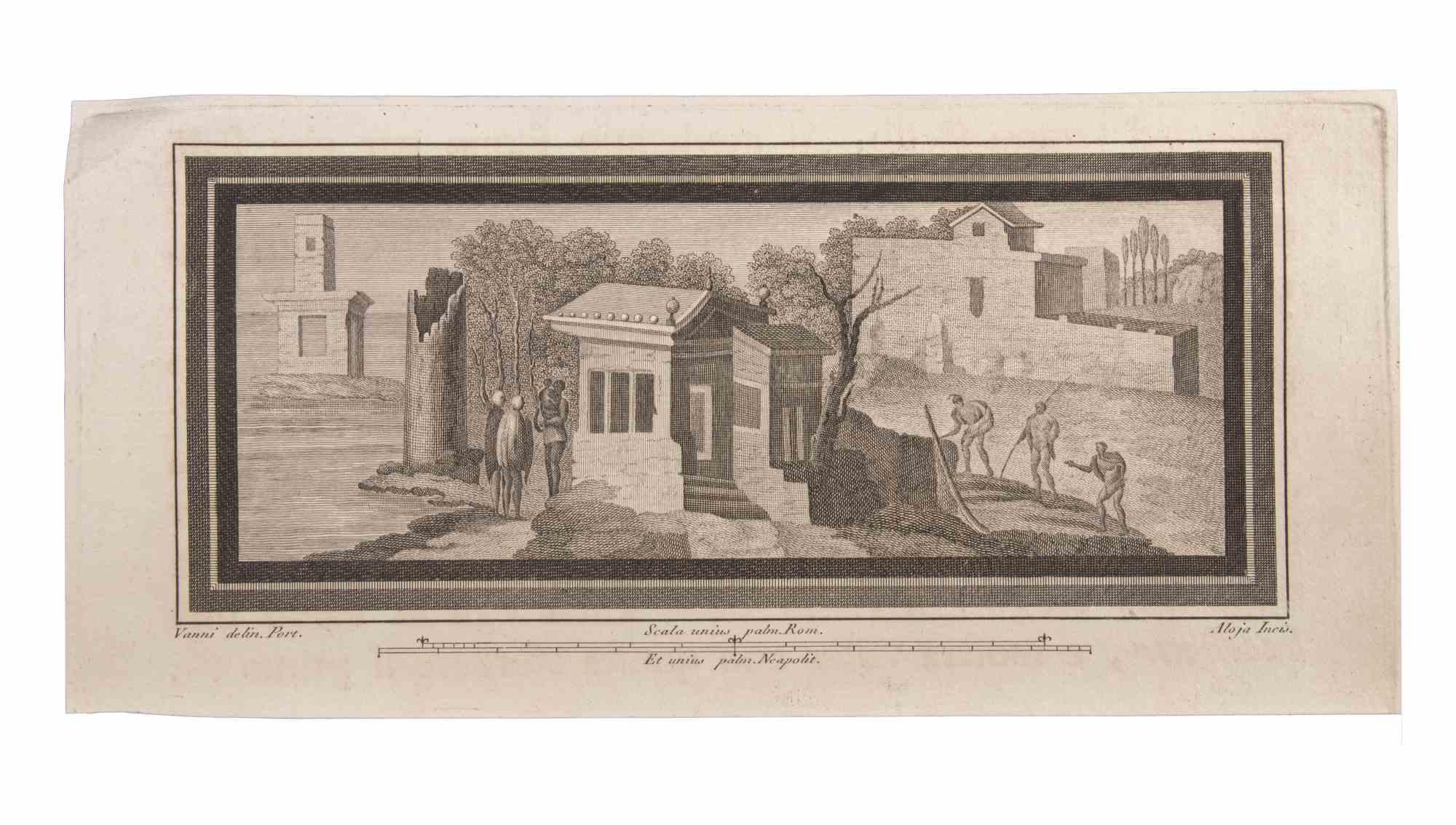 Paisajes marinos con monumentos y figuras es un Aguafuerte realizado por  Luigi Aloja (1783-1837).

El grabado pertenece al conjunto de grabados "Antigüedades de Herculano al descubierto" (título original: "Le Antichità di Ercolano Esposte"), un