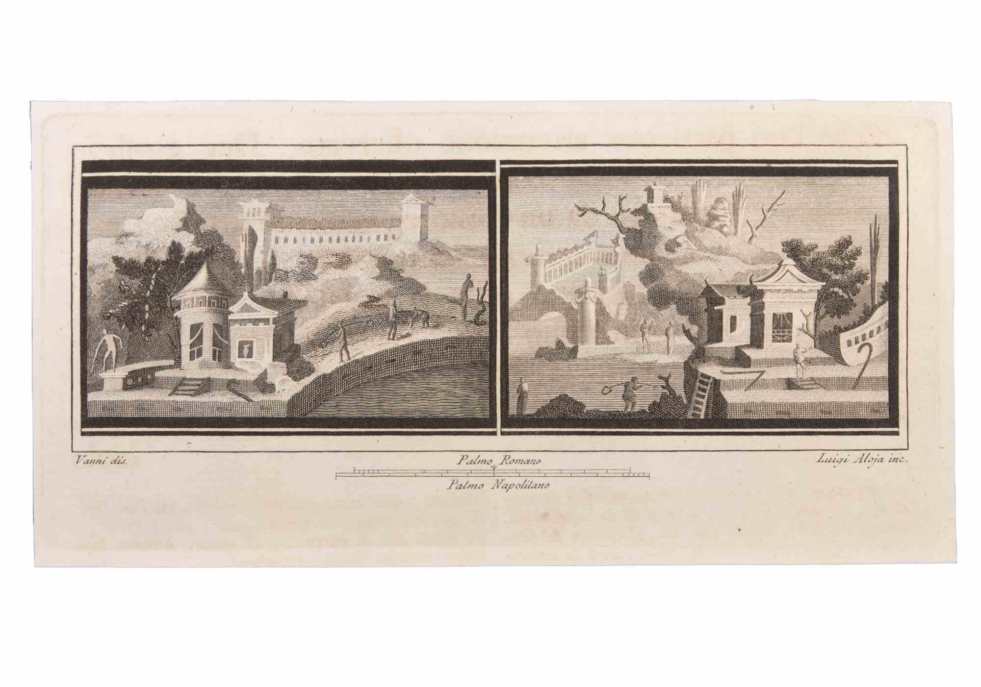 Paisajes marinos con monumentos y figuras es un Aguafuerte realizado por  Luigi Aloja (1783-1837).

El grabado pertenece al conjunto de grabados "Antigüedades de Herculano al descubierto" (título original: "Le Antichità di Ercolano Esposte"), un