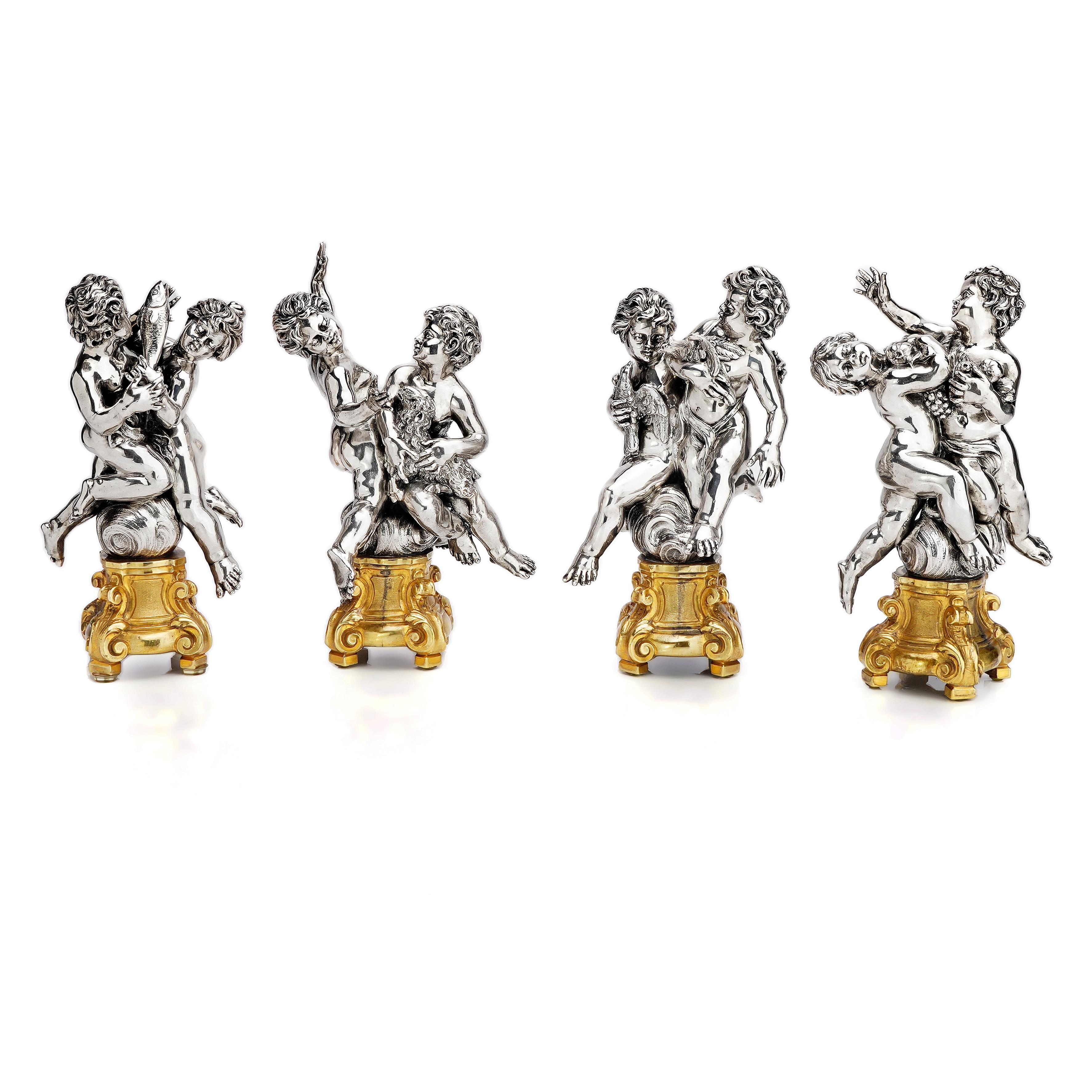 Neoclassical Luigi Avolio Set of Four 800, Italian Silver and Ormolu Figural Groups For Sale