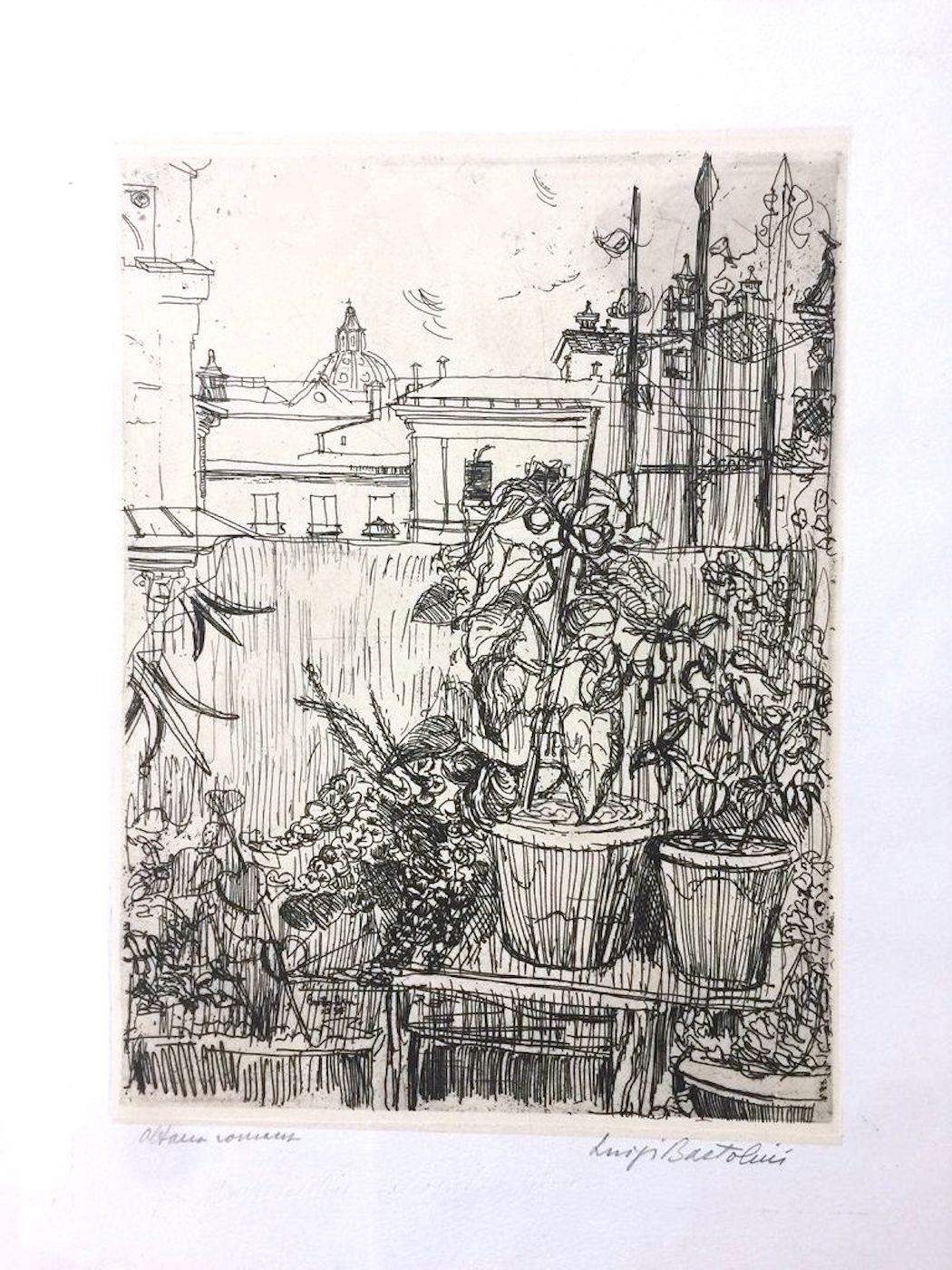Image dimensions: 33.4 x 24.4 cm.

Altana Romana (Roman Roof Terrace) is an original masterpiece realized by the great Italian artist, poet, and engraver Luigi Bartolini in 1954.

Original etching applied on China paper.

Titled in pencil on the