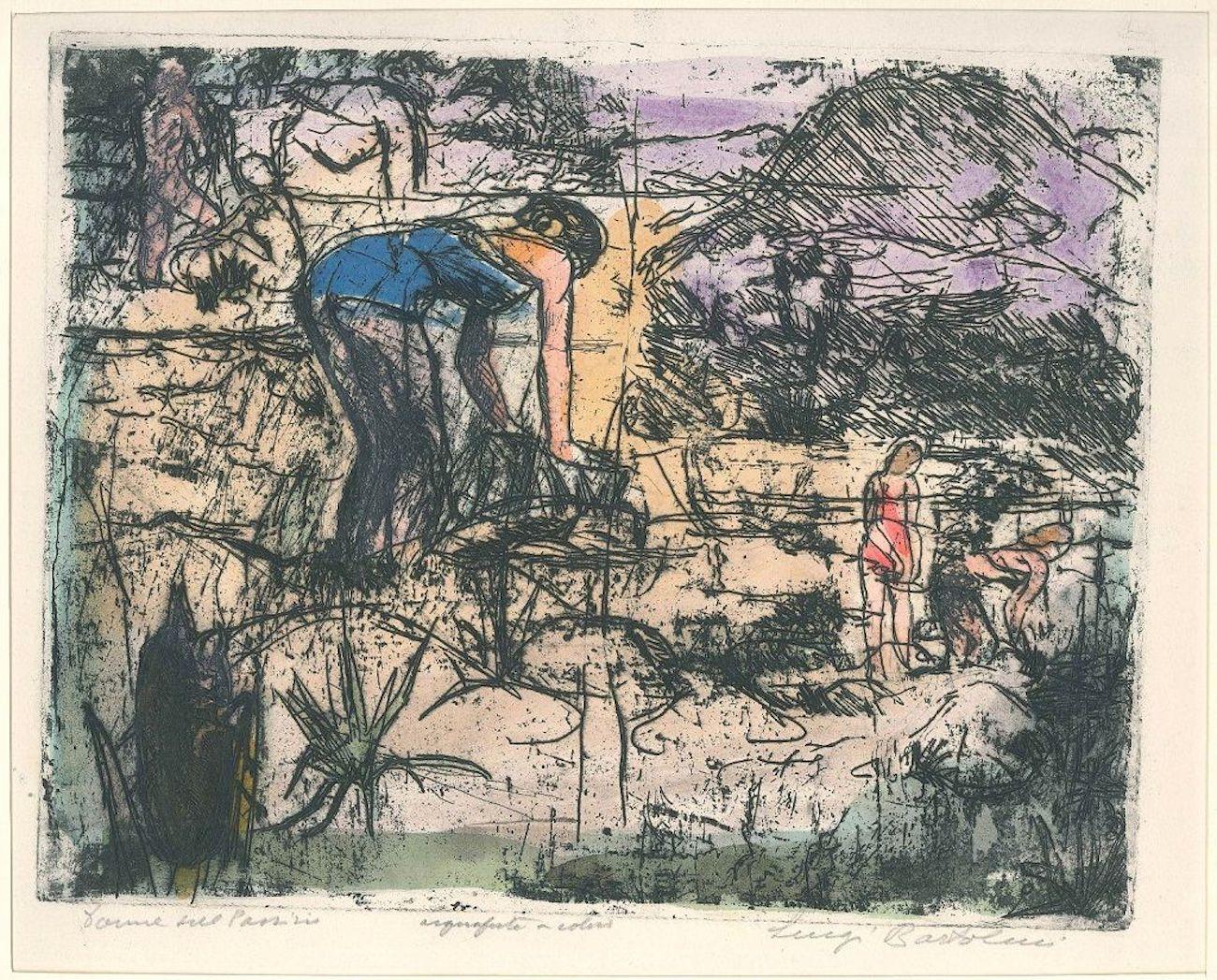 Image dimensions: 22.5 x 28 cm.

Donne sul Passirio is an original artwork realized by Luigi Bartolini in 1935.

Original watercolored etching.

Title, technique, and signature in pencil on the lower margin: "Donne sul Passirio Acquaforte a colori