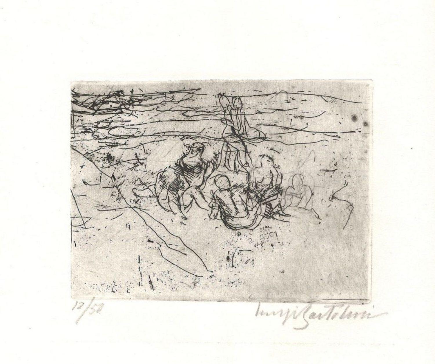 Donne sulla spiaggia ist ein Original-Kunstwerk von Luigi Bartolini aus der ersten Hälfte des XX. Jahrhunderts. 

Original-Radierung auf Papier. Abmessungen des Bildes: 9.5 x 13  cm.

Auflage: 50 Exemplare. 

Nummeriert und handsigniert mit