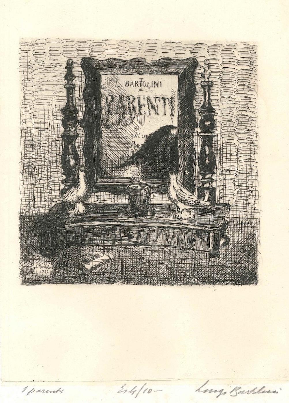 Image dimensions: 24 x 18 cm.

I parenti is an original artwork realized by Luigi Bartolini in 1929.

Original etching applied on ivory paper.

Hand-signed, numbered and titled in pencil on the lower part: "I parenti, es. 4/10 Luigi Bartolini".