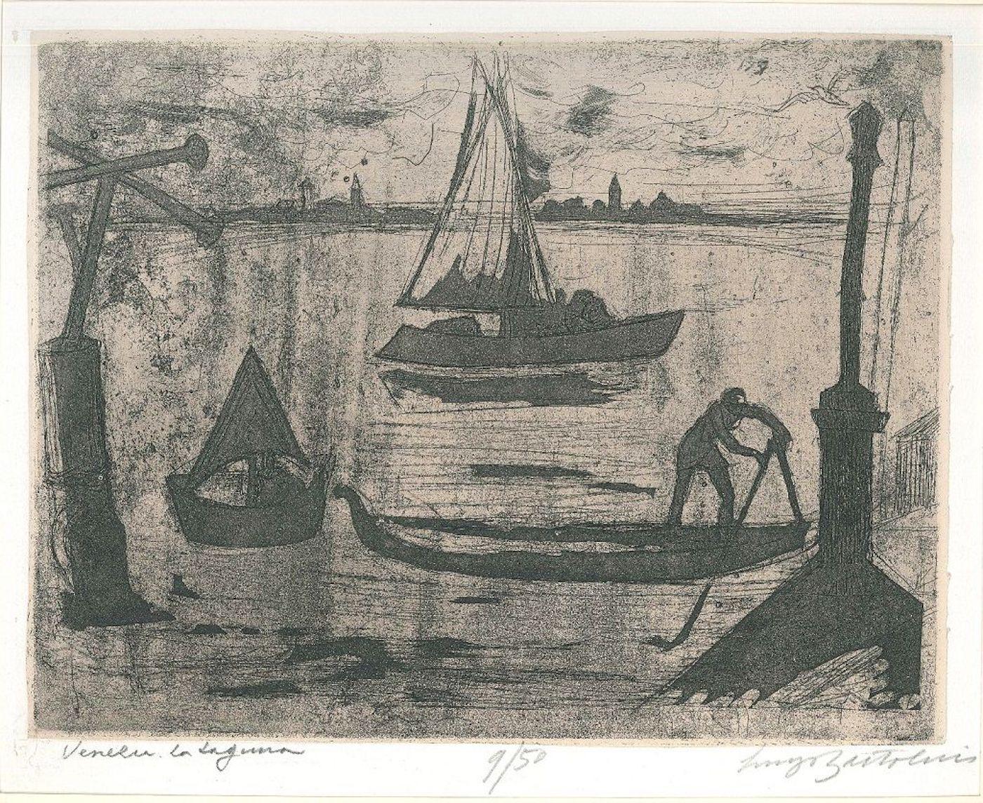 Dimensiones de la imagen: 24,5 x 31,8 cm.

La laguna de Venecia (Il gondoliere) es una obra de arte original realizada por Luigi Bartolini en 1951.

Aguafuerte y aguatinta sobre papel China aplicado.

Titulado en la parte inferior izquierda: