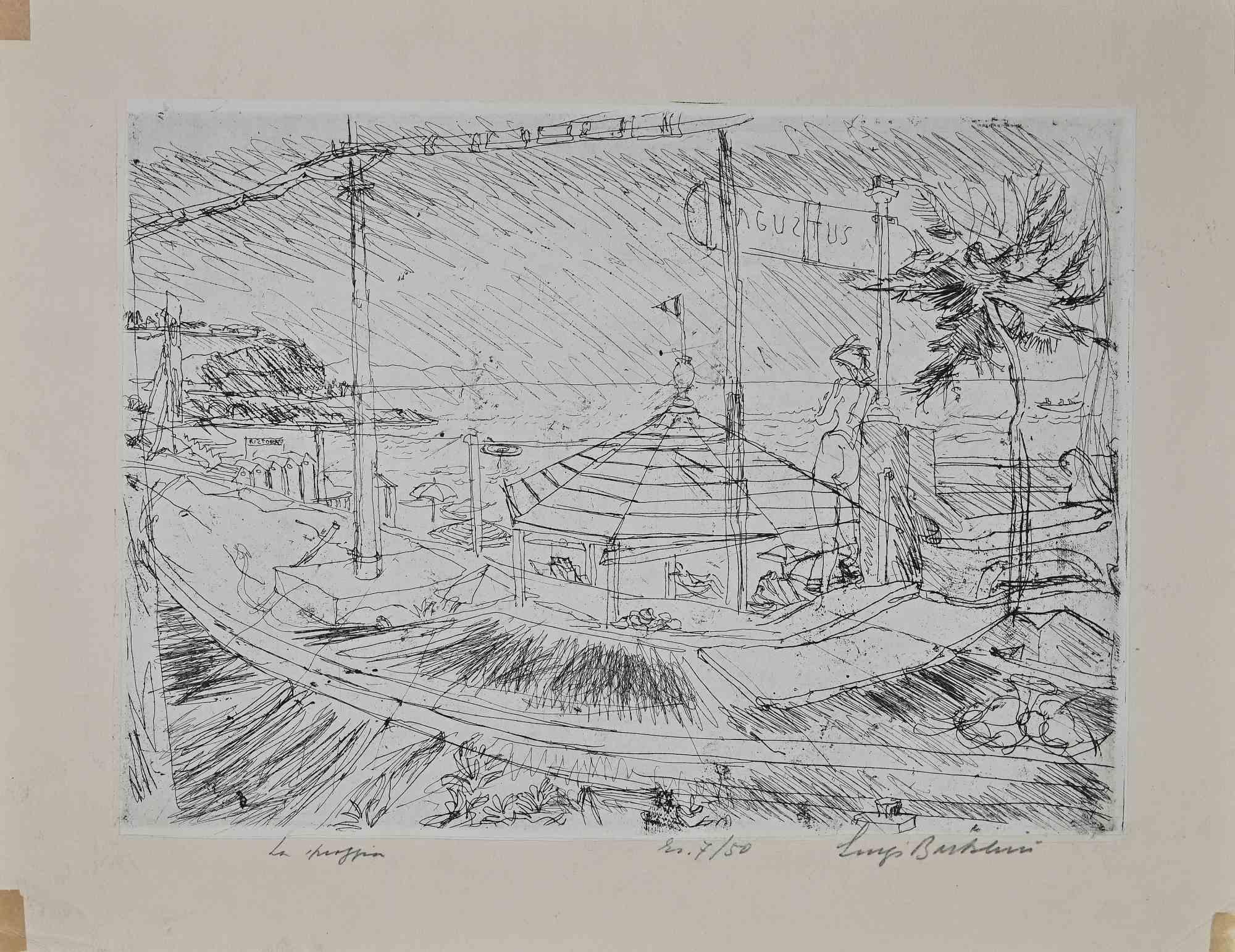 La spiaggia is an original artwork realized by the Italian artist Luigi Bartolini (1892-1963) in 1950.

Black and white Etching.

Hand-signed, titled and numbered ( 7/50 ) in pencil on the lower margin. Edition of 50 prints.

Reference:

1951 C.A.