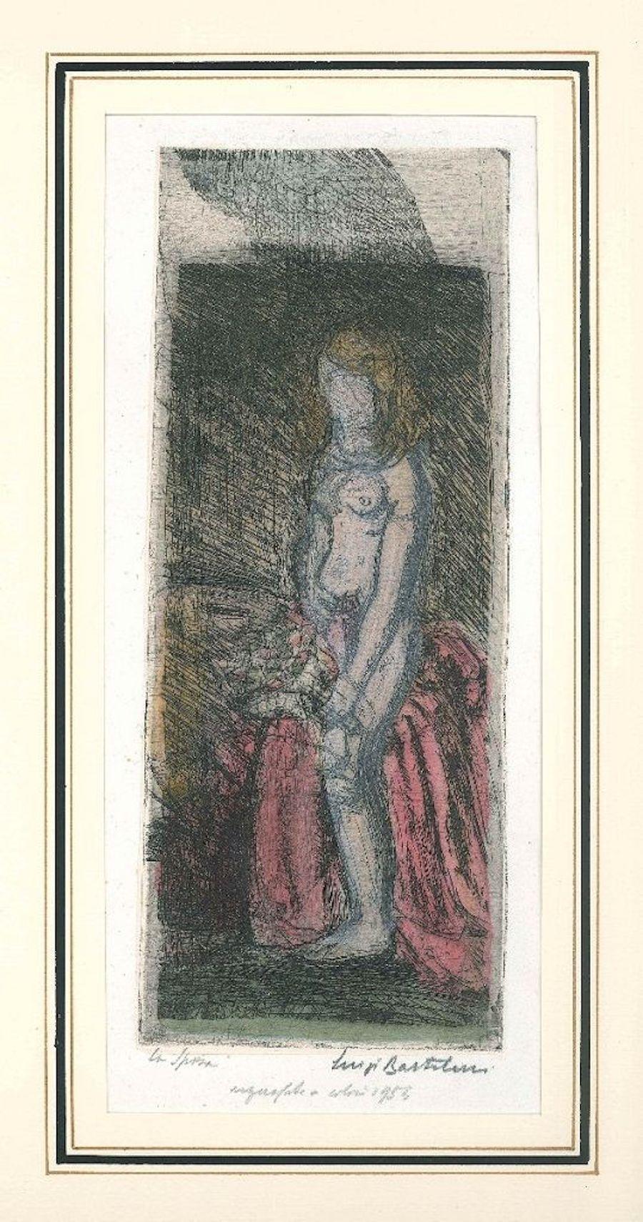 Image dimensions:  27.2 x 11  cm.

La sposa (The Bride) is an original artwork realized by Luigi Bartolini in 1953.

Original watercolored etching applied on China ink paper.

Hand-signed on the lower right corner 
