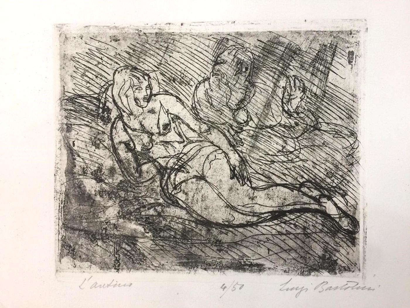 Dimensiones de la imagen: 22,3 x 27,3 cm.

L'aretino es un aguafuerte original sobre papel realizado por Luigi Bartolini.

Edición de 50 grabados. Firmado a lápiz en la esquina inferior derecha: "Luigi Bartolini". Numerado en la parte inferior