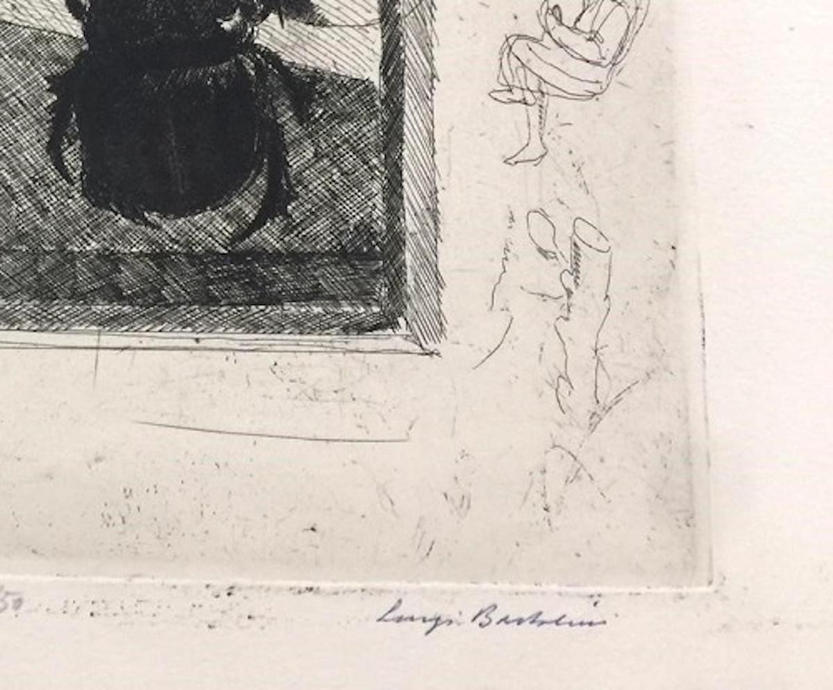 Image dimensions:  23 x 28.3  cm.

Scarabeo Ercole is an original artwork realized by the Italian artist and engraver Luigi Bartolini in 1934. 

Very rare etching on ivory paper. 

Titled in blue pen by the artist on the lower left corner (Scarabeo