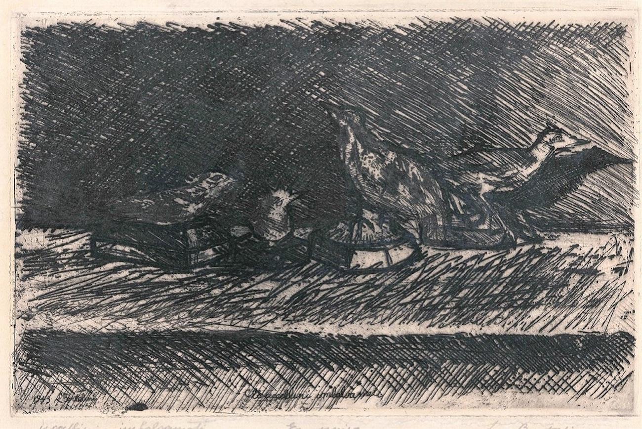 Uccellini Imbalsamati (Embalmed Birds) - Etching by Luigi Bartolini - 1943