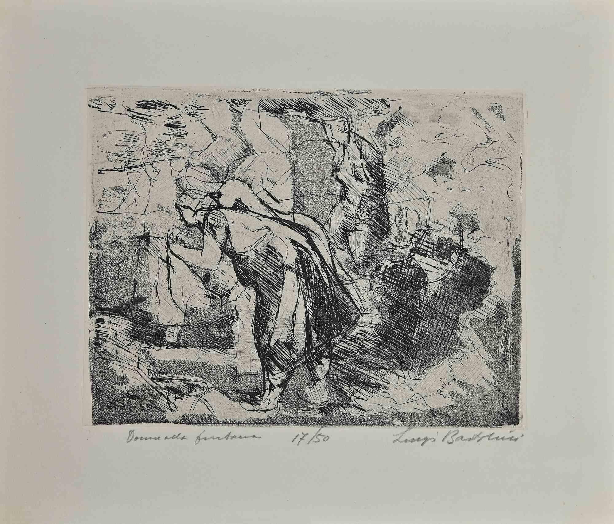 Women at the Fountain is an original artwork realized by the Italian artist Luigi Bartolini (1892-1963) in 1950.

Black and white Etching.

Hand-signed, titled and numbered ( 17/50 ) in pencil on the lower margin. Edition of 50