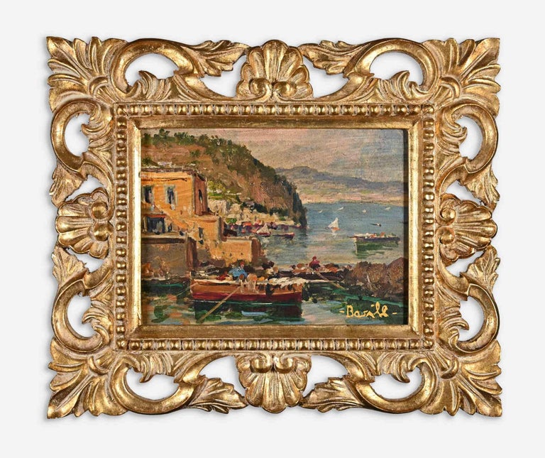 Gulf of Naples is an original modern artwork realized by Luigi Basile in the late 20th Century.

Mixed colored oil on canvas.

Hand signed on the lower right margin.

Includes gilded frame: 31 x 37

Neapolitan artist born in Naples in 1925, student
