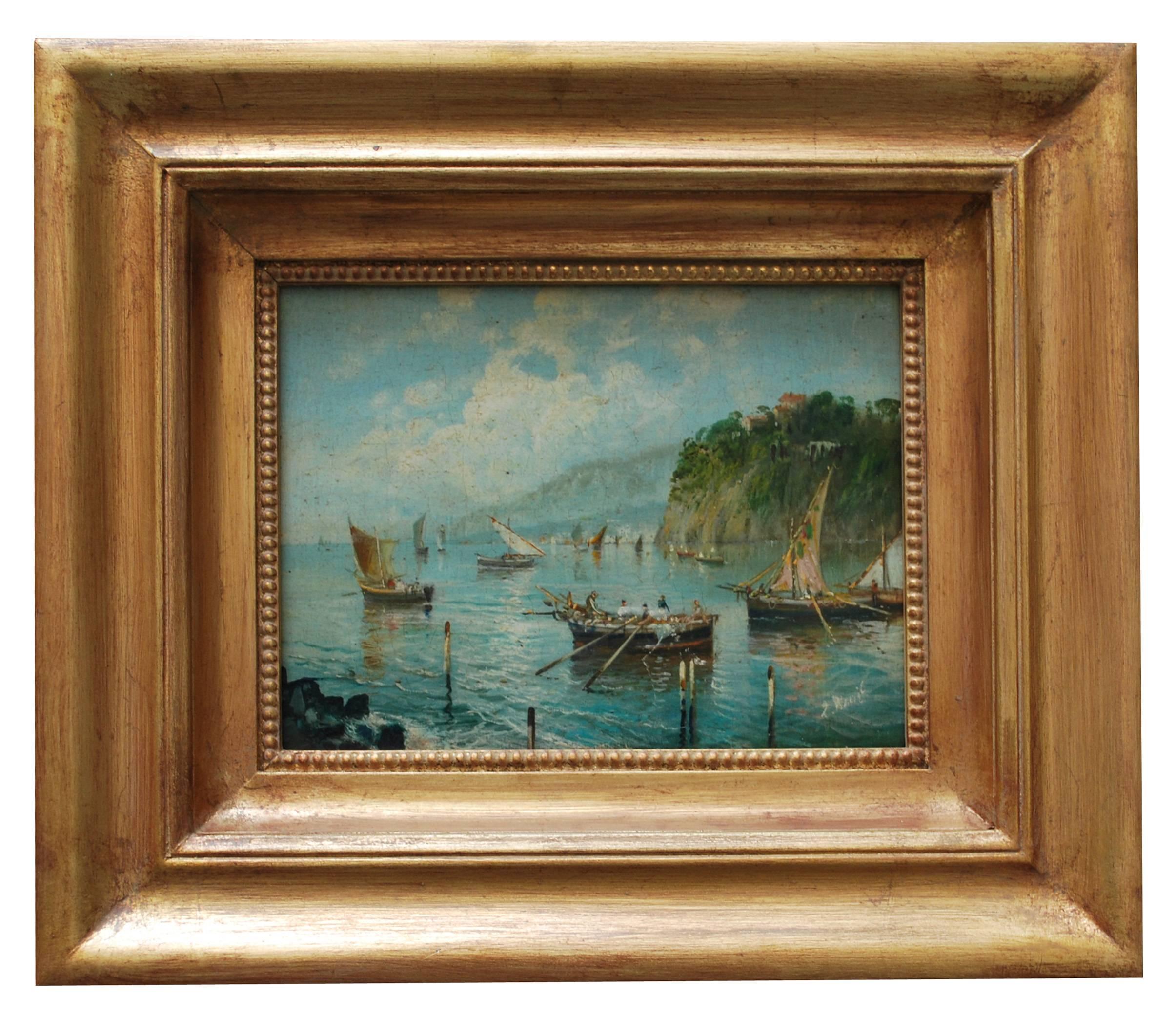 Marine - Luigi Basile Italia 2008 - Oil on board cm. 18x24 
Gold leaf gilded wooden frame mis. cm. 34x40
Luigi Basile's painting is an extraordinary work of Italian landscape painting. 
Basile drew inspiration from the artists of the Posillipo