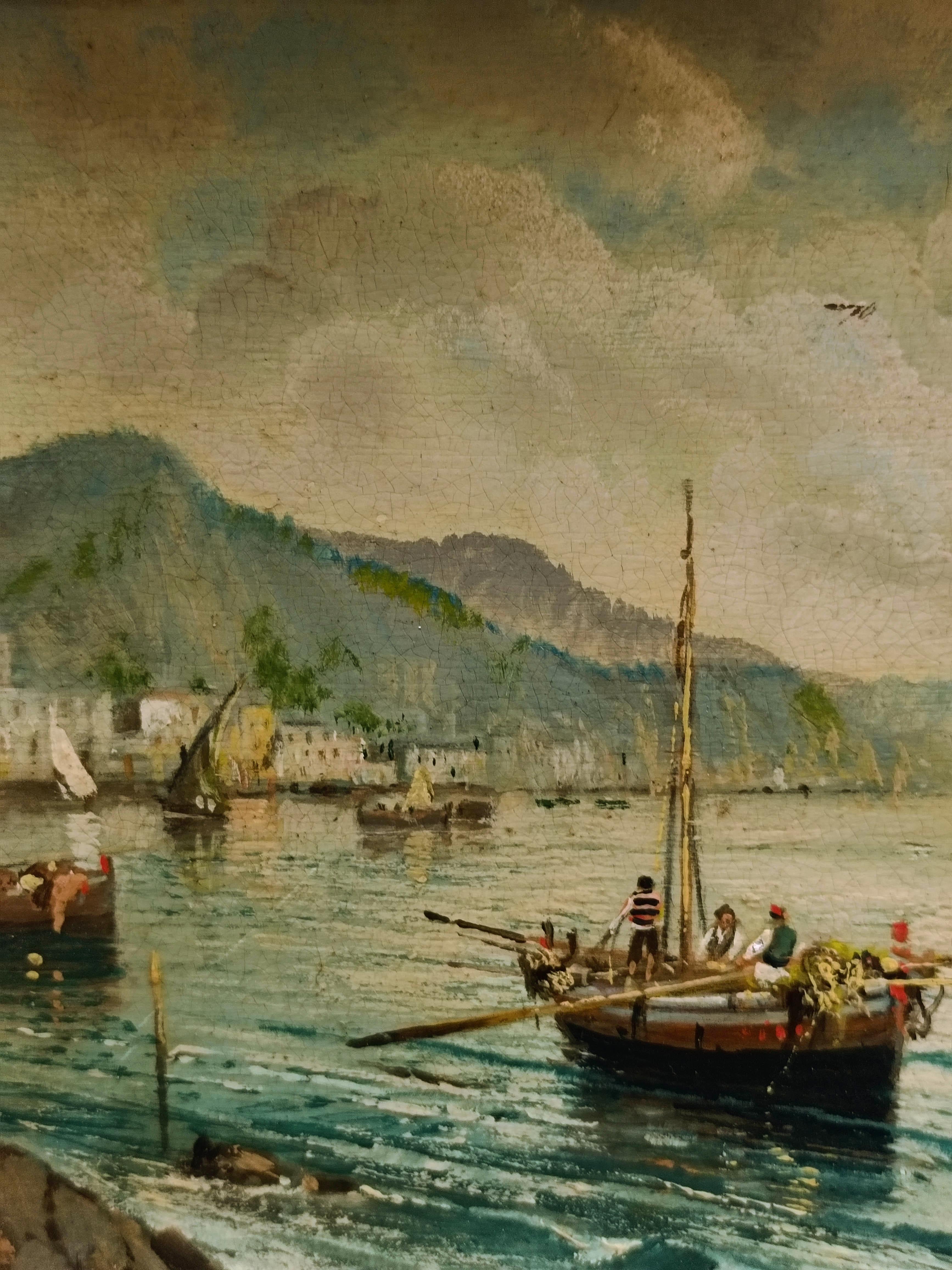 MARINE - École Posillipo - Peinture de paysage italienne à l'huile sur carton en vente 5