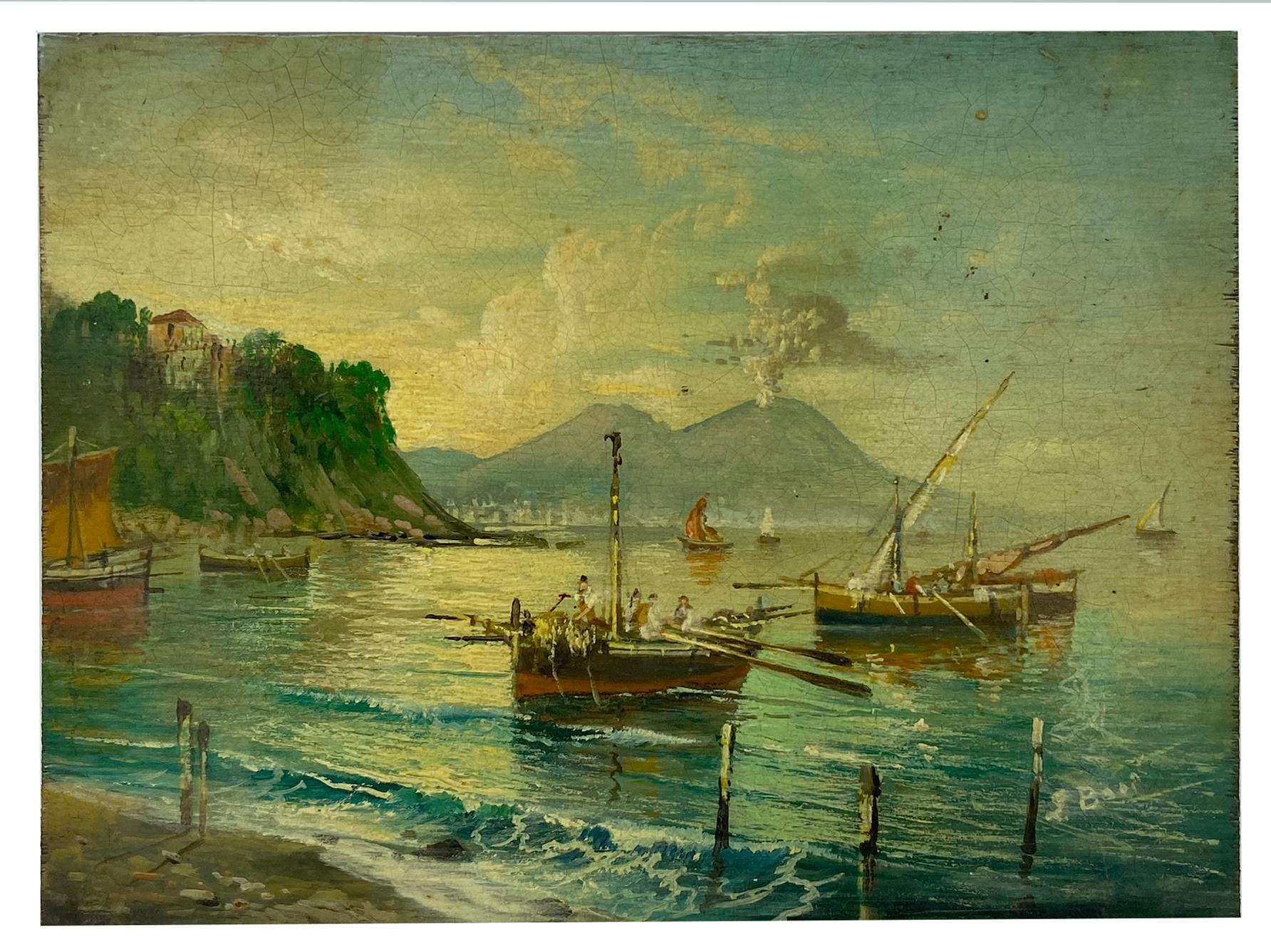 MARINE - École Posillipo - Peinture de paysage italienne à l'huile sur carton - Painting de Luigi Basile