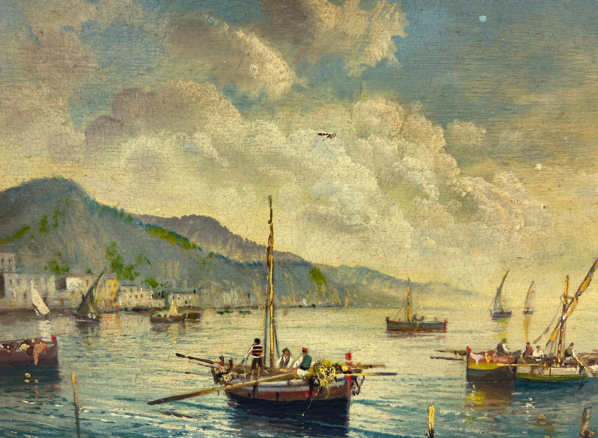 MARINE - École Posillipo - Peinture de paysage italienne à l'huile sur carton - Painting de Luigi Basile