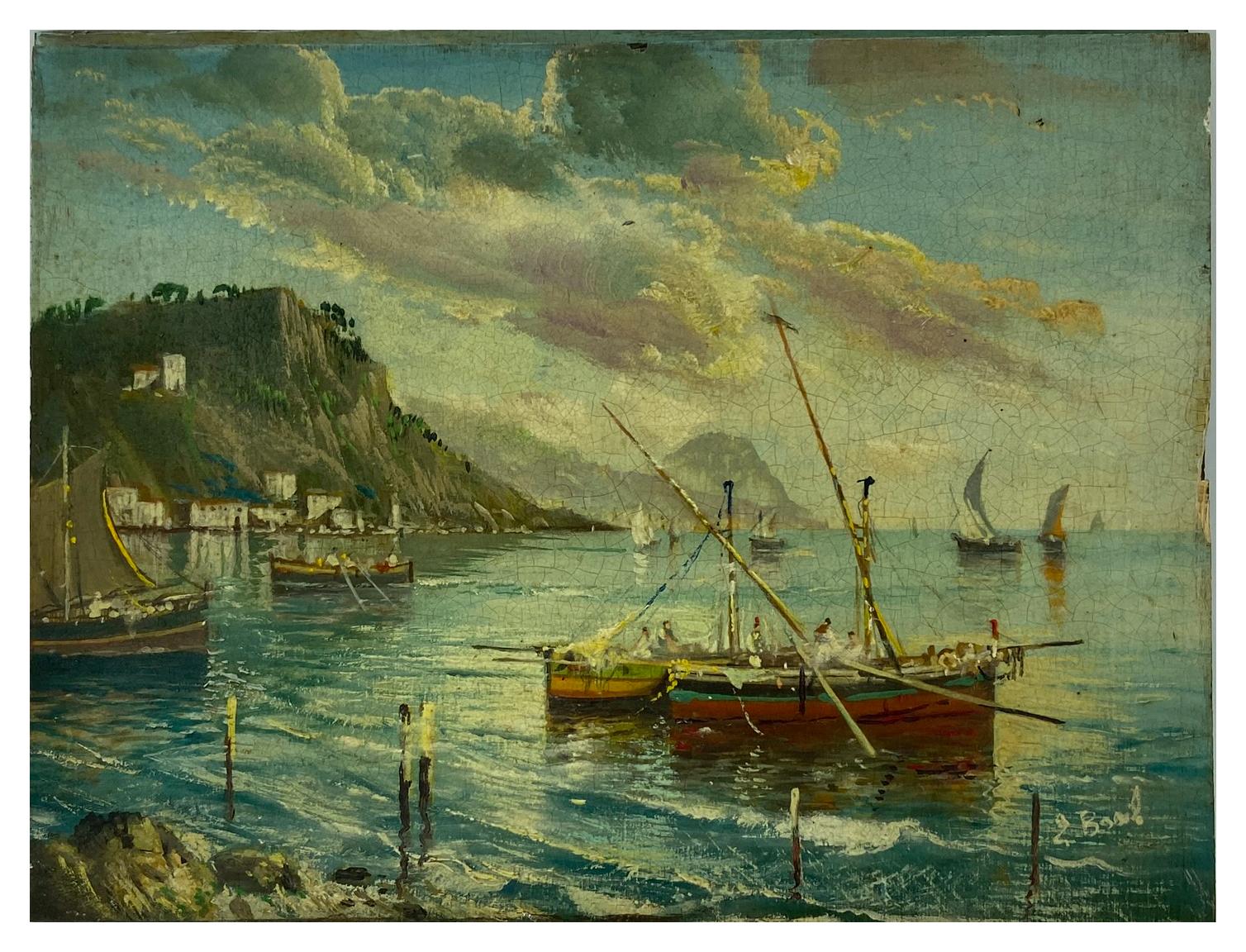 MARINE - Posillipo School - Italian Landscape Oil on board Painting - Brown Landscape Painting by Luigi Basile