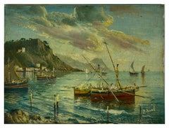 MARINA - Escuela Posillipo - Paisaje italiano Pintura al óleo sobre tabla