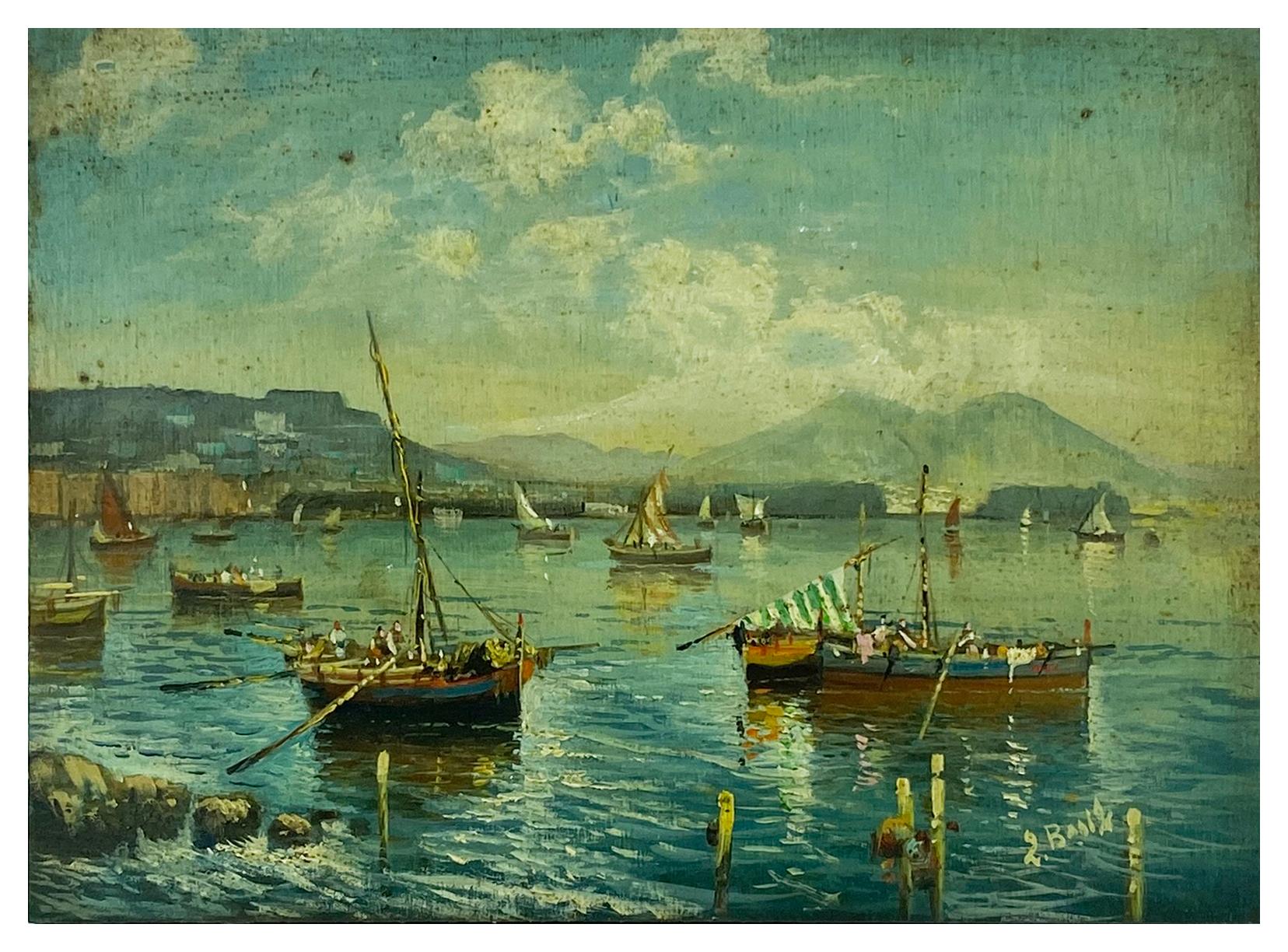 MARINE- Posillipo School - Peinture de paysage italienne à l'huile sur carton - Painting de Luigi Basile