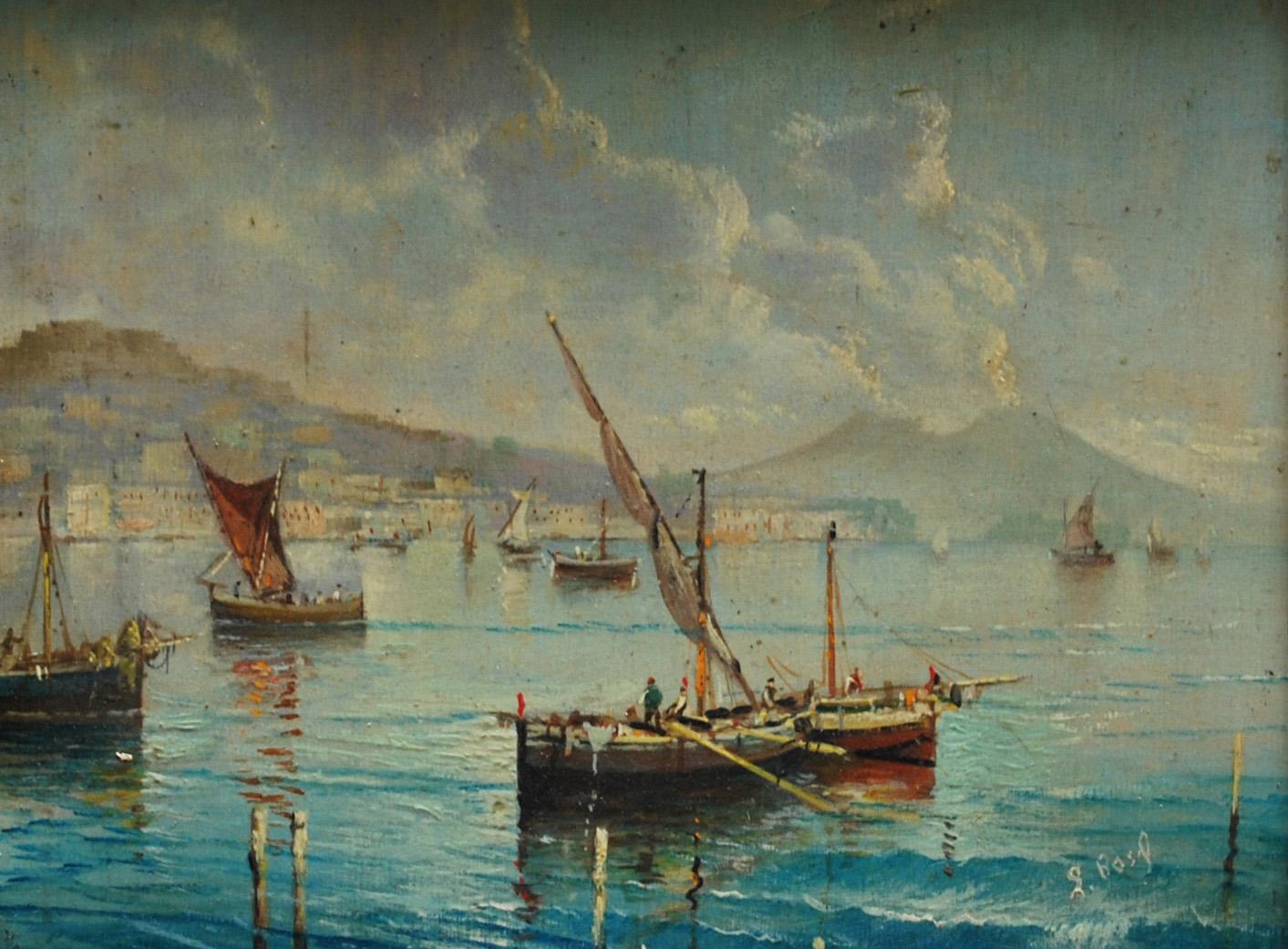 MARINE - École Posillipo - Peinture de paysage italienne à l'huile sur panneau - Painting de Luigi Basile