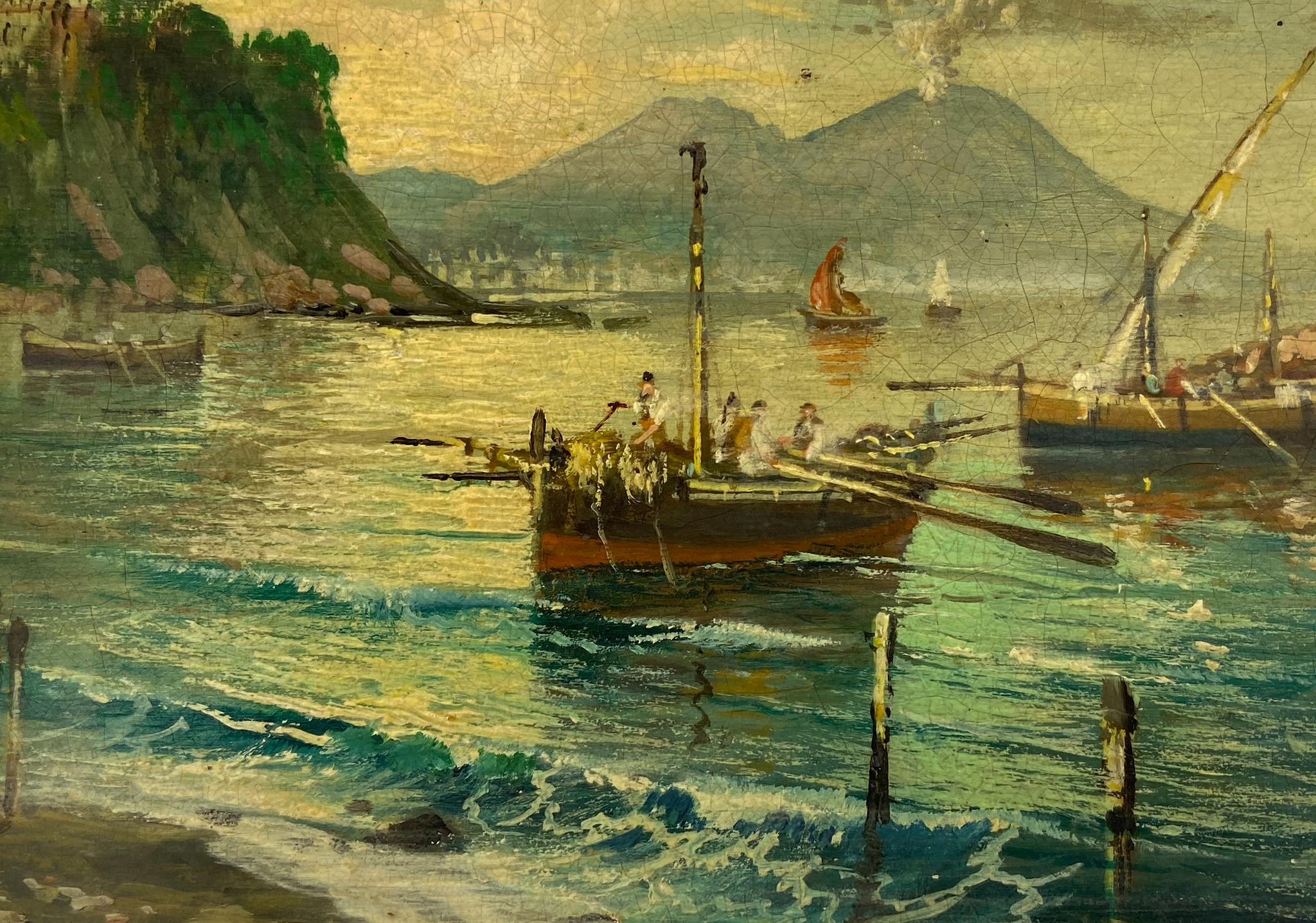 MARINE - École Posillipo - Peinture de paysage italienne à l'huile sur carton - École italienne Painting par Luigi Basile