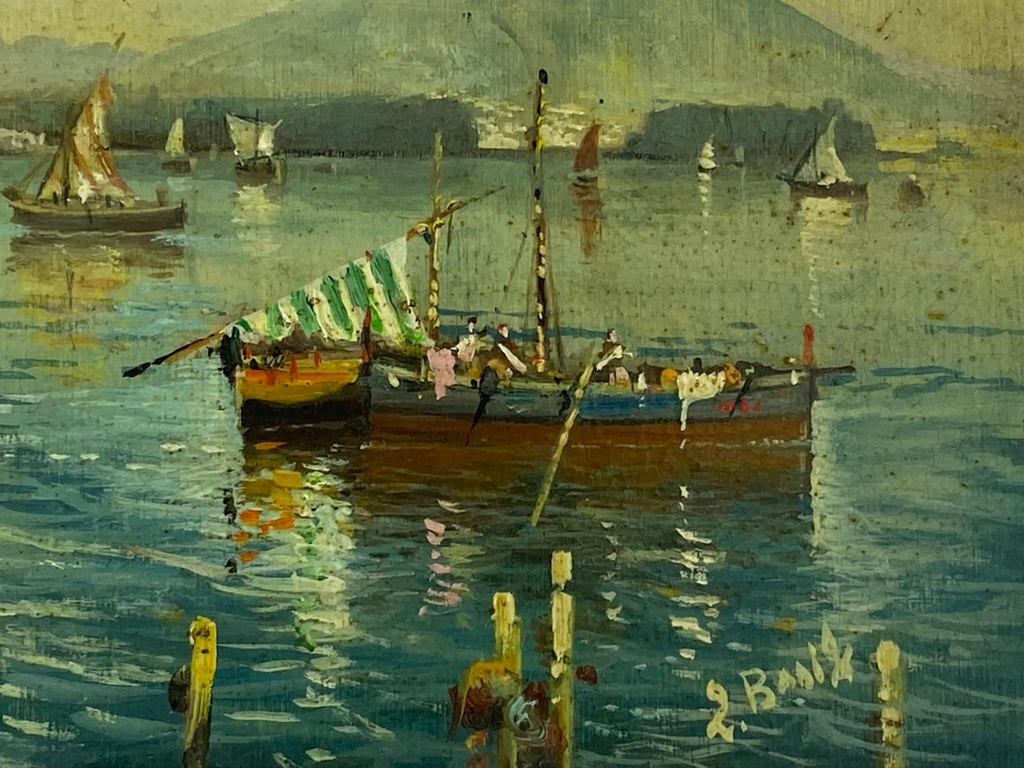 MARINE- Posillipo School - Peinture de paysage italienne à l'huile sur carton - École italienne Painting par Luigi Basile