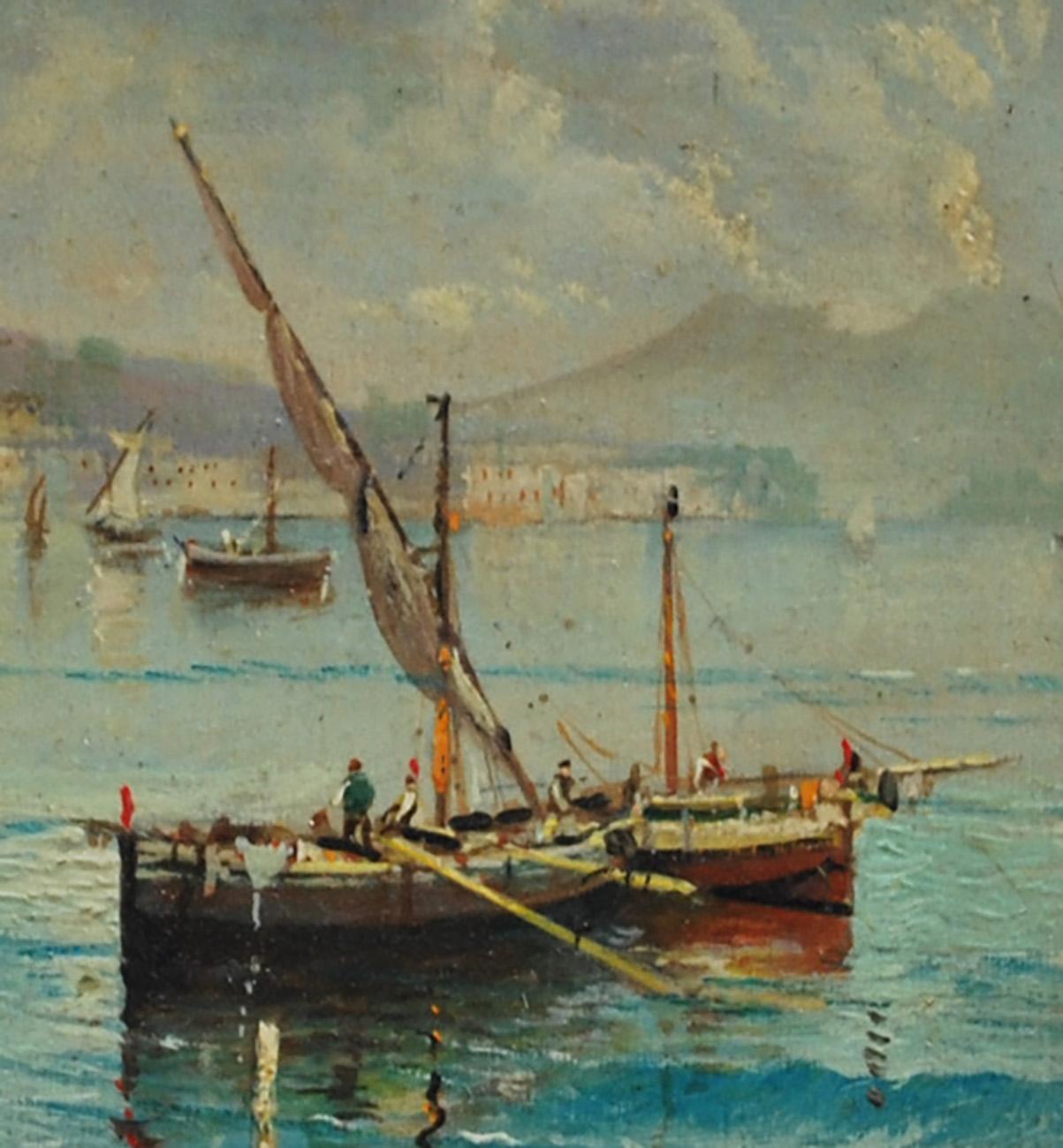 MARINE - École Posillipo - Peinture de paysage italienne à l'huile sur panneau - École italienne Painting par Luigi Basile