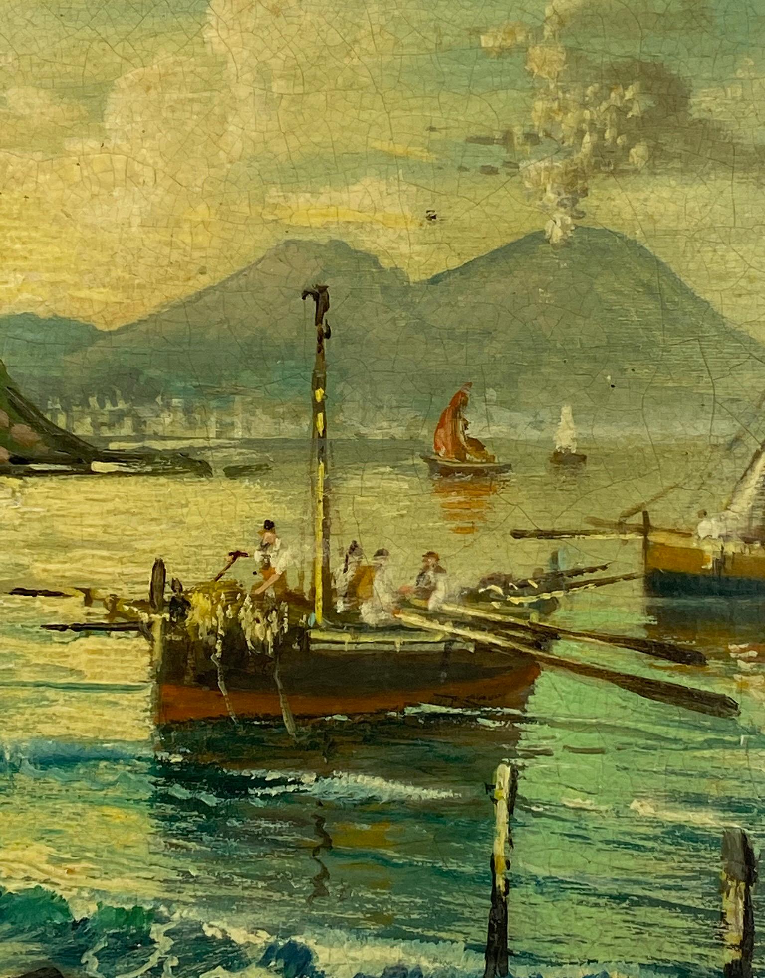 MARINE - École Posillipo - Peinture de paysage italienne à l'huile sur carton - Marron Landscape Painting par Luigi Basile