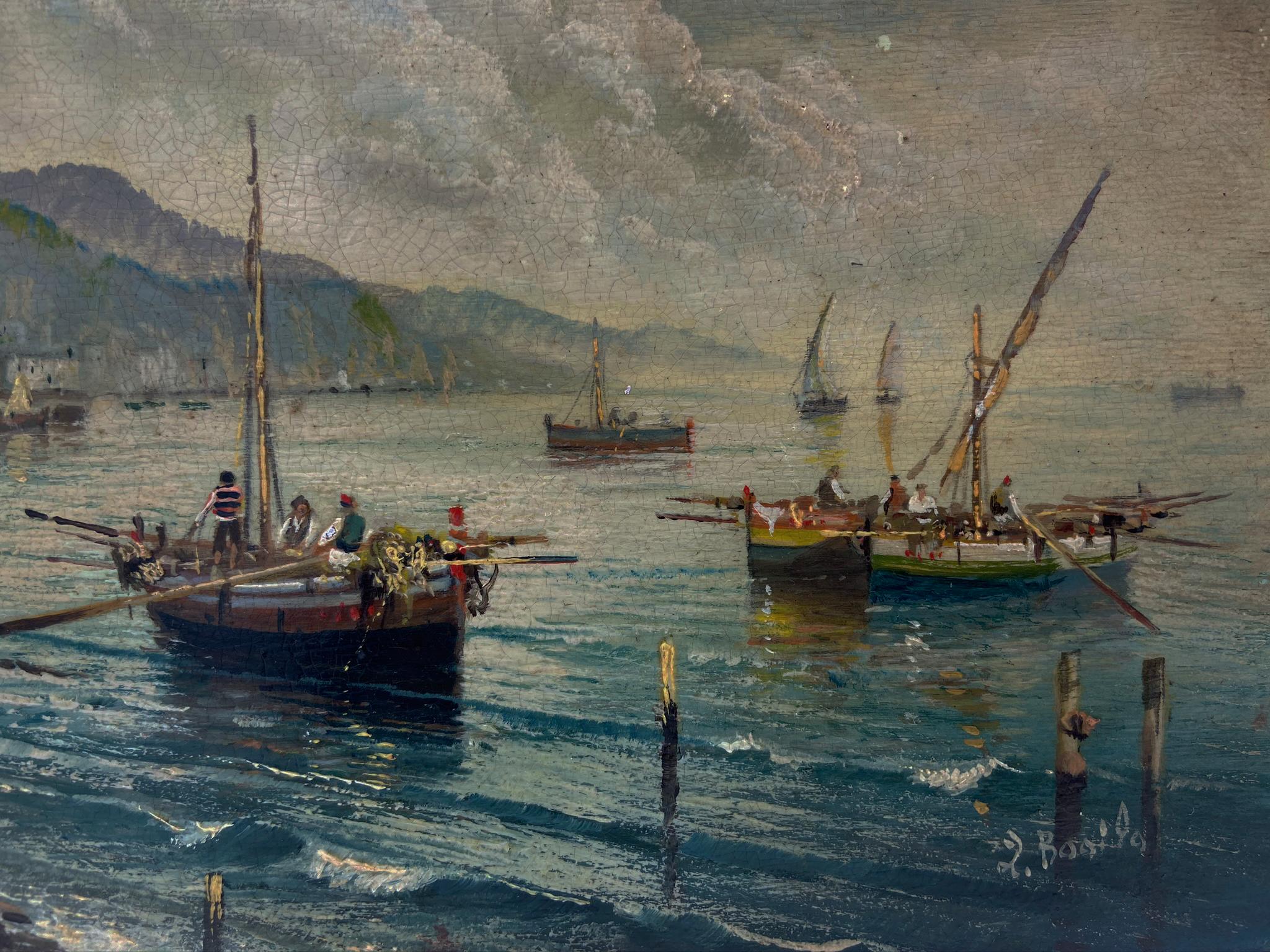 MARINE - Posillipo School - Italian landscape Oil on board Painting - Brown Landscape Painting by Luigi Basile