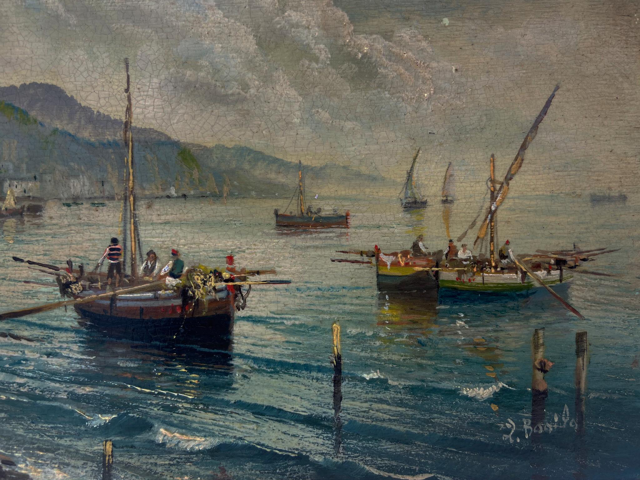 MARINE - École Posillipo - Peinture de paysage italienne à l'huile sur carton - Marron Landscape Painting par Luigi Basile