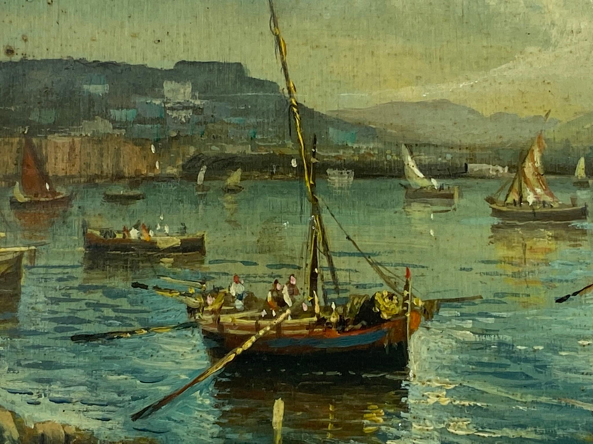 MARINE- Posillipo School - Peinture de paysage italienne à l'huile sur carton - Marron Landscape Painting par Luigi Basile
